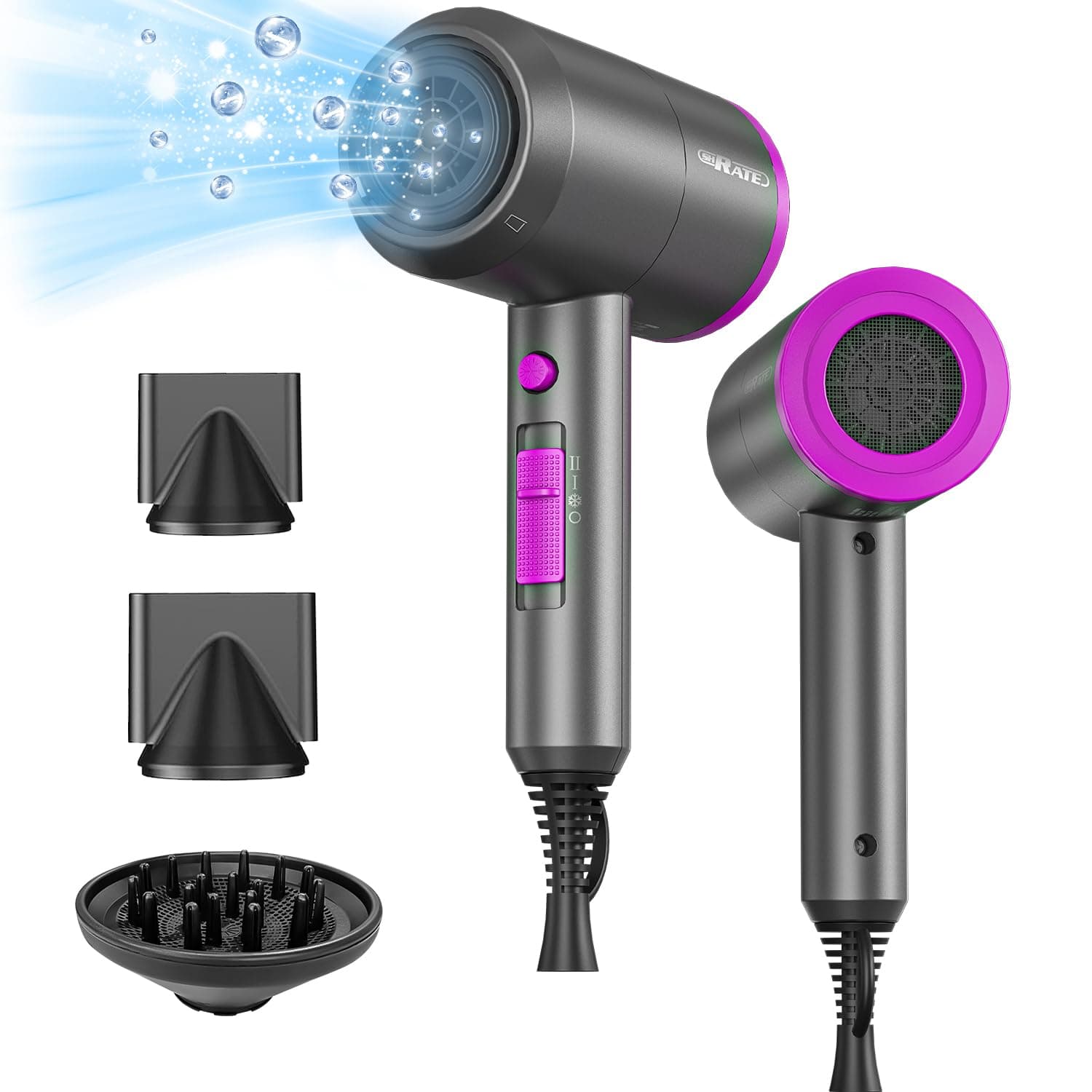SHRATE Lightweight Ionic 1800W Hair Dryer with Diffuser - Fast & Quiet for Travel & Styling