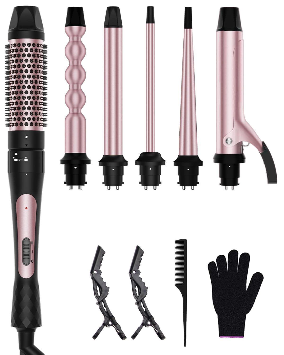 6 in 1 Curling Iron Set: 1.5in Wand, 1in Bubble Wand, 3 Ceramic Barrels, Instant Heat & Gloves (0.35"-1.25")