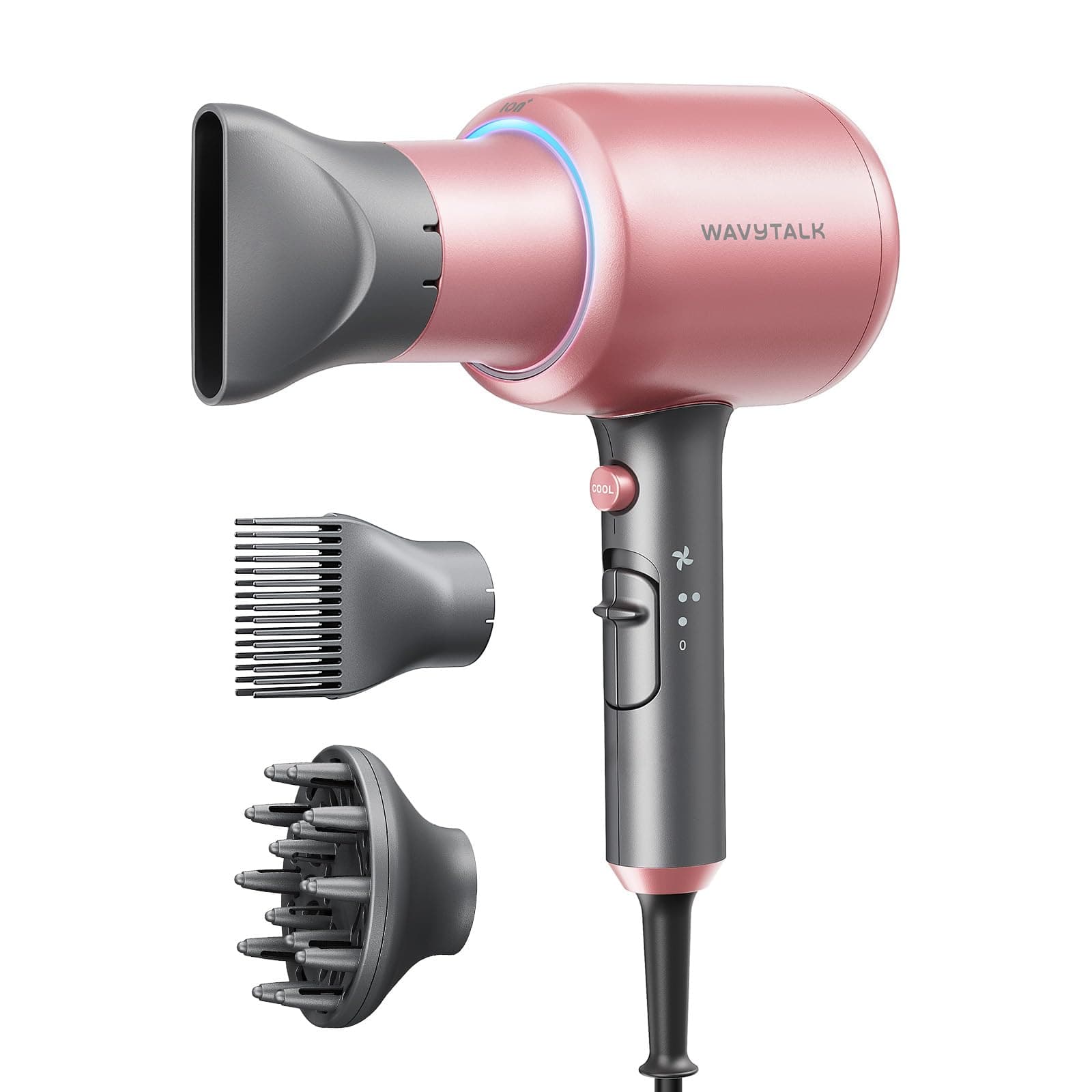 Wavytalk Ionic Hair Dryer, Fast & Quiet Drying with Ceramic Tech, 3 Attachments, Rose Gold