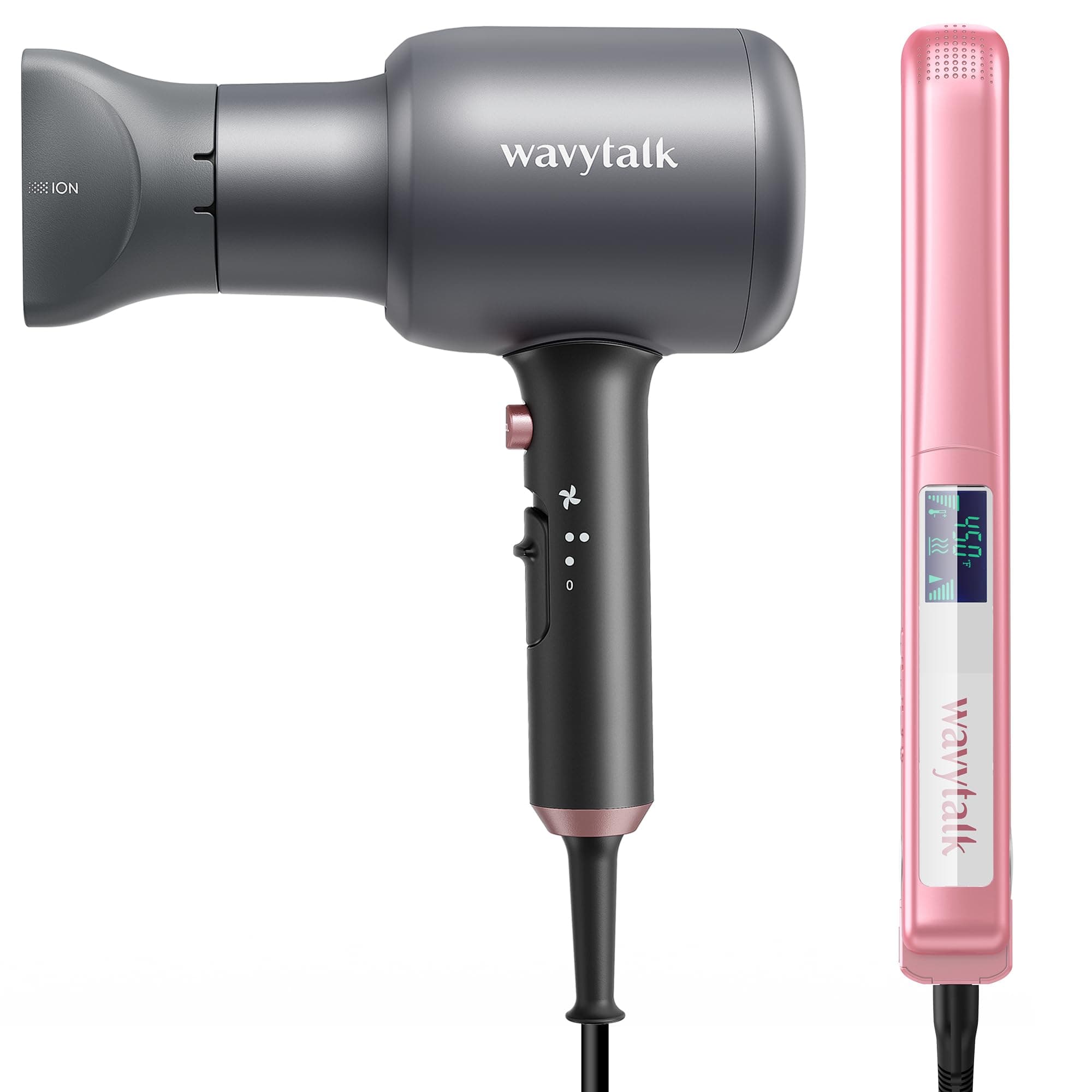 Professional Hair Styling Kit for Women: Ionic Hair Dryer with Diffuser (Textured Gray) and 1 Inch Negative Ion Flat Iron (Rose Gold)