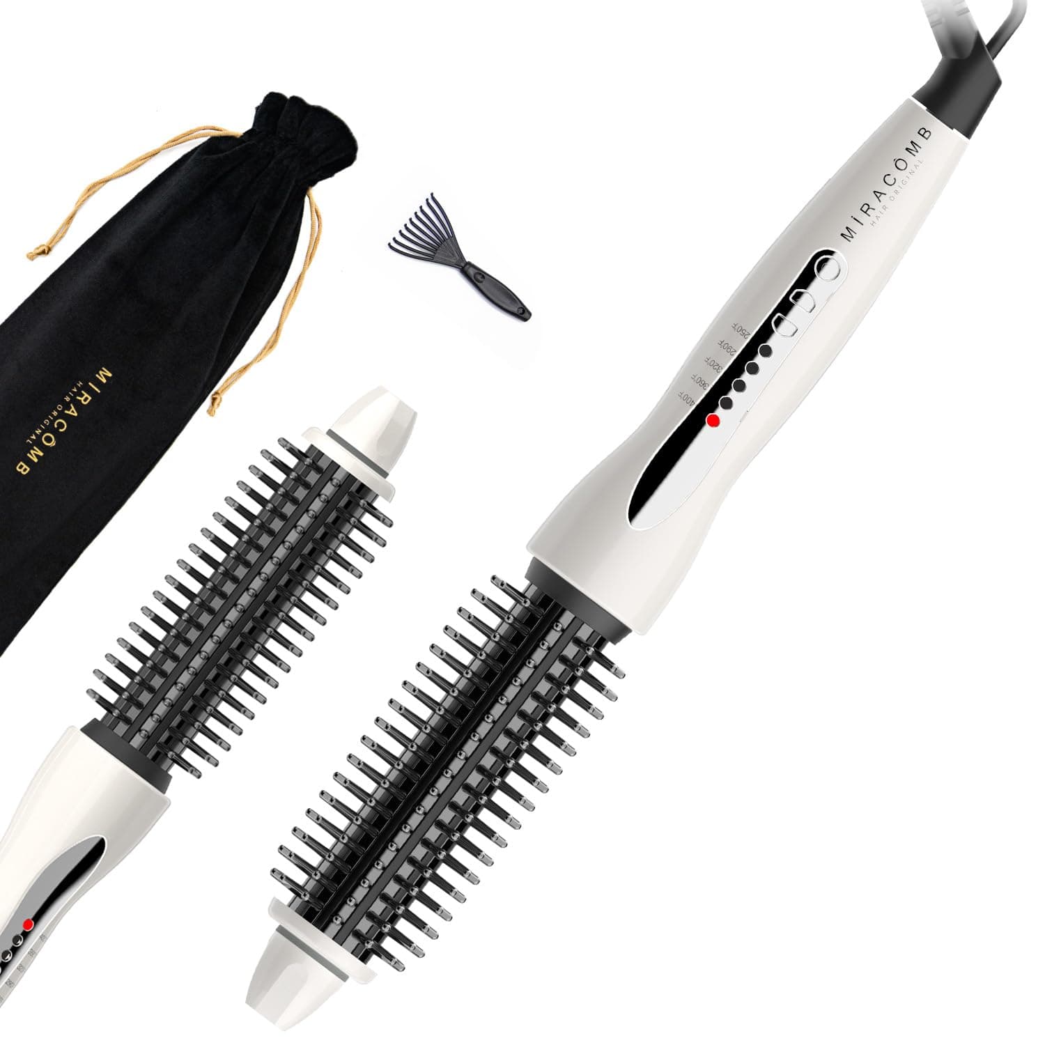 Professional Ceramic Hair Curler & Straightener | 1" Round Brush, 5 Heat Settings, Anti-Frizz, White
