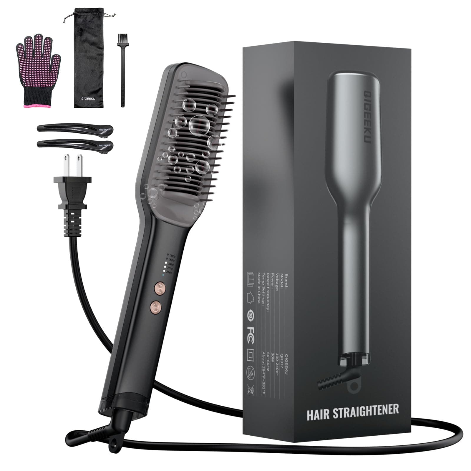 Gundown Gunmetal Gray 2-in-1 Flat Iron & Comb, 30s Heat, 5 Temp Settings