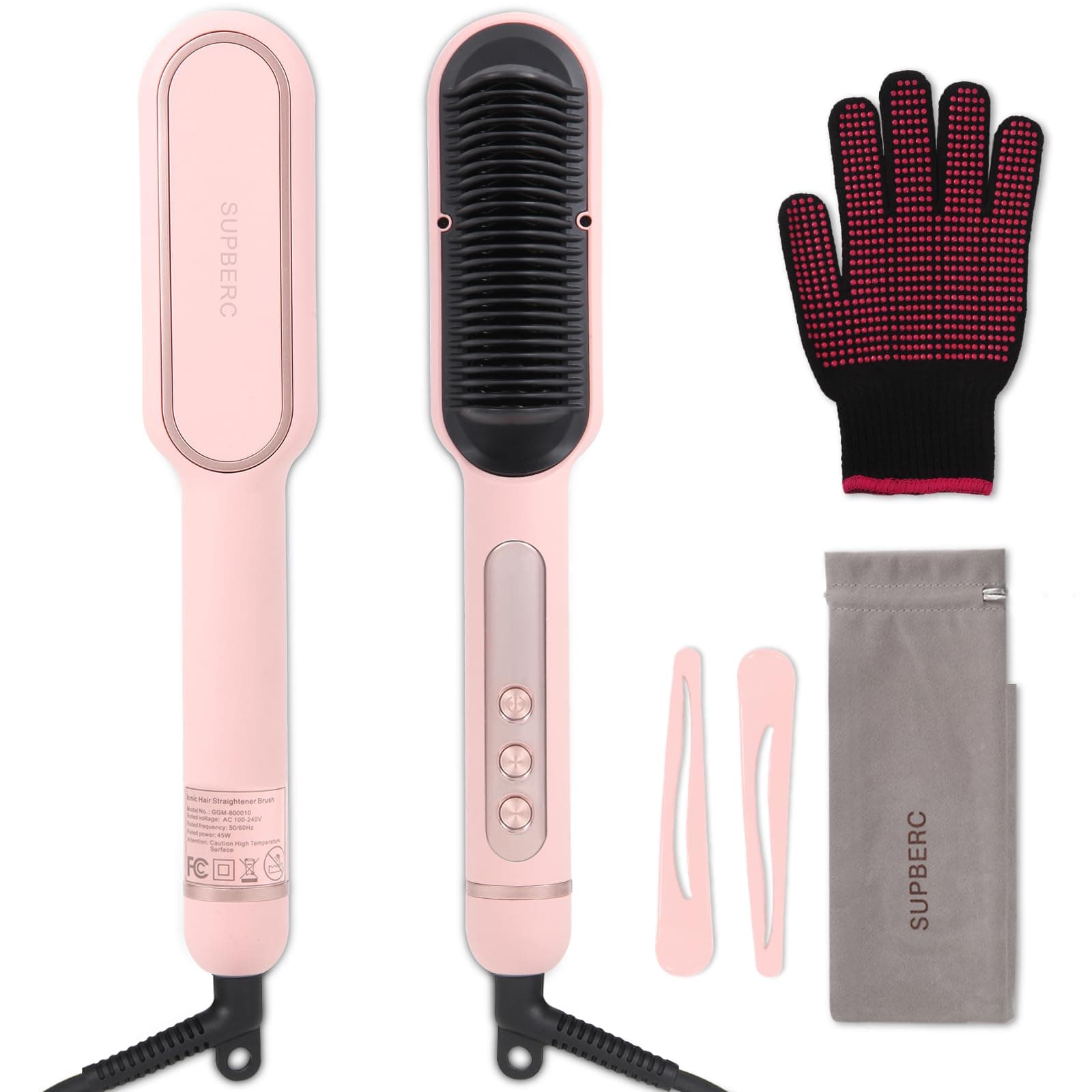 Negative Ionic Pink Hair Straightener Brush, 9 Temp Settings, LED Display