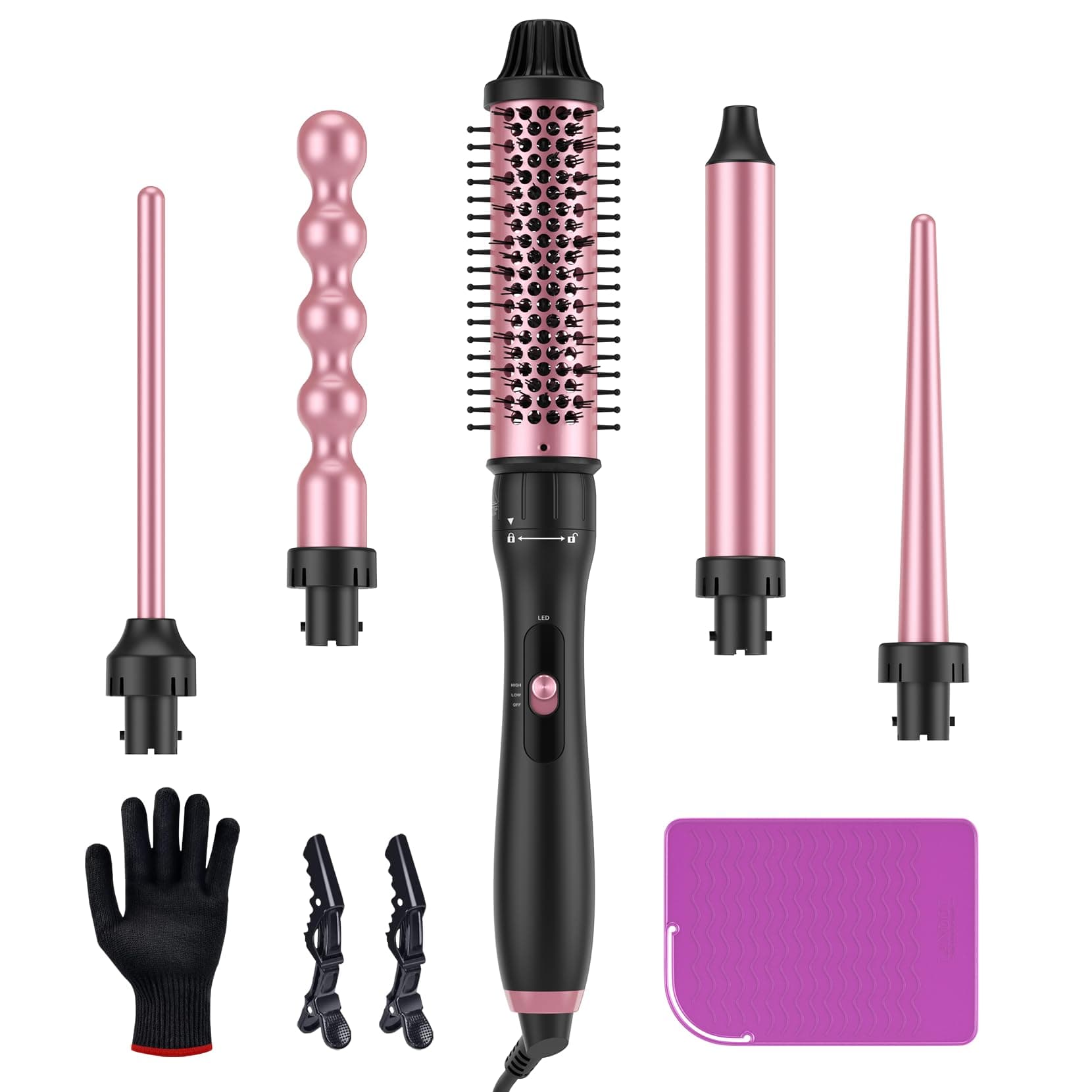 LANDOT 5-in-1 Curling Iron Set: 1.5" Thermal Brush & Ceramic Wands for Lasting Curls