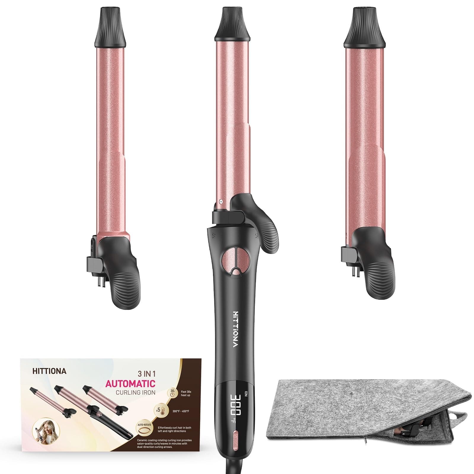 3-in-1 Rose Gold Curling Iron - Lasting Beach Waves, Adjustable Temp, Dual Voltage