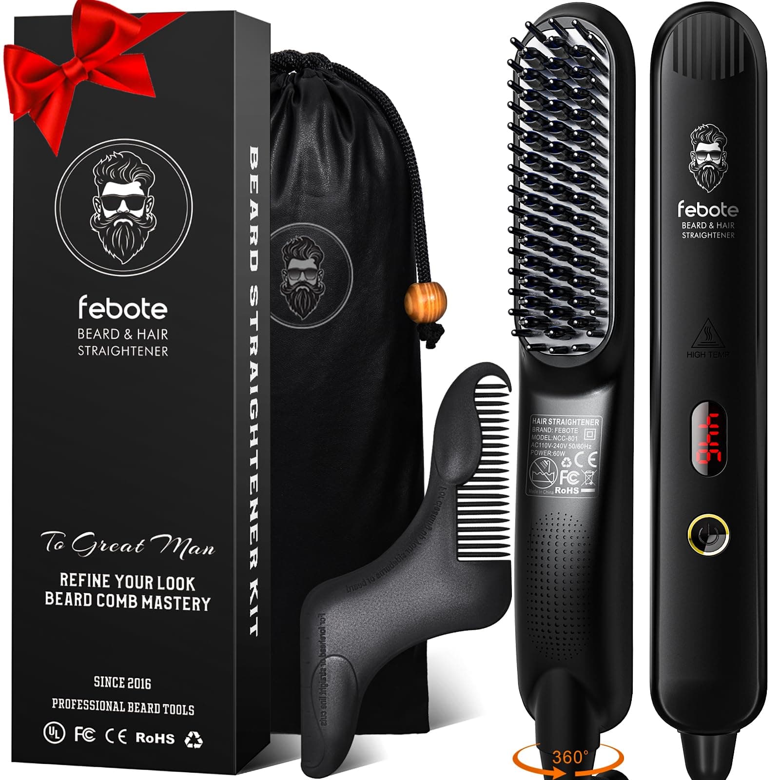 Ionic Heating Hair Straightener for Men - 5 Temp Settings, Anti-Scald, Beard Shaper, Travel Bag