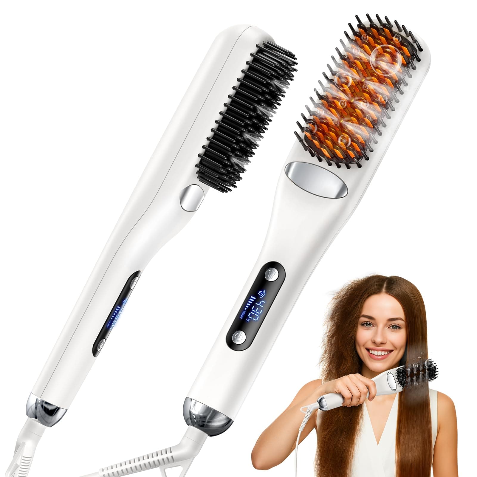 Steam Hair Straightener Brush - 3-in-1 13 Temp Straightening Comb, Fast Heating, Scalp-Friendly, Hair Protection, Travel