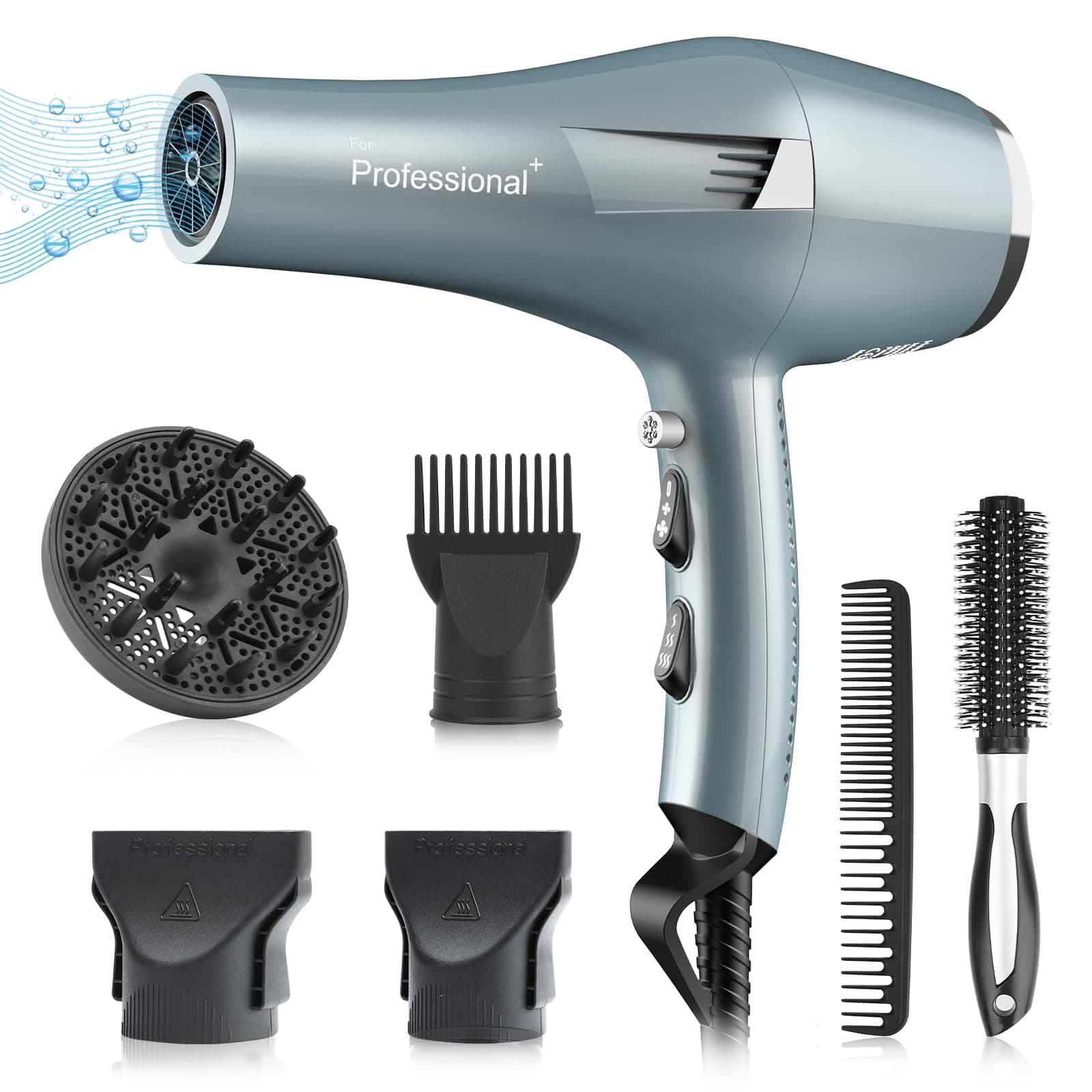 Ionic Salon Professional Blow Dryer, Fast & Quiet AC Motor, 2 Speed, 3 Heat Settings, Cool Shot, with Diffuser & Nozzle-