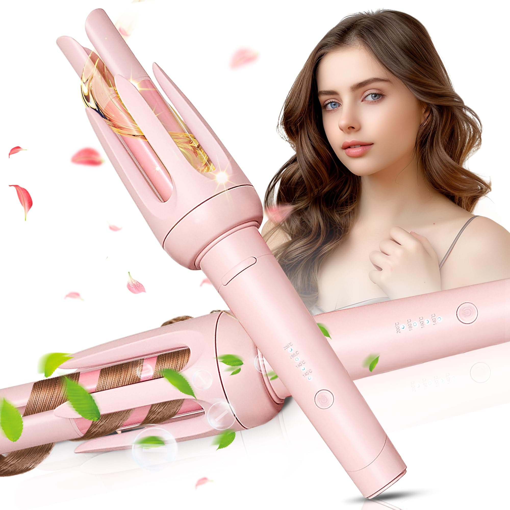 Automatic Hair Curler with 4 Temp & 3 Timer, Anti-Scald, Anti-Tangle, Pink