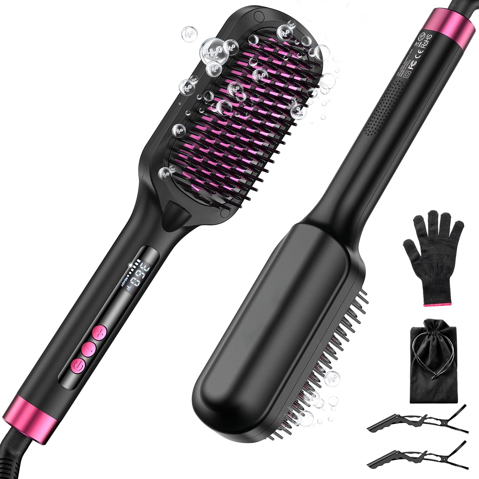 Black Global Voltage Hair Straightening Brush 30s Fast Heat Anti-Frizz Anti-Scald 16 Temp Modes
