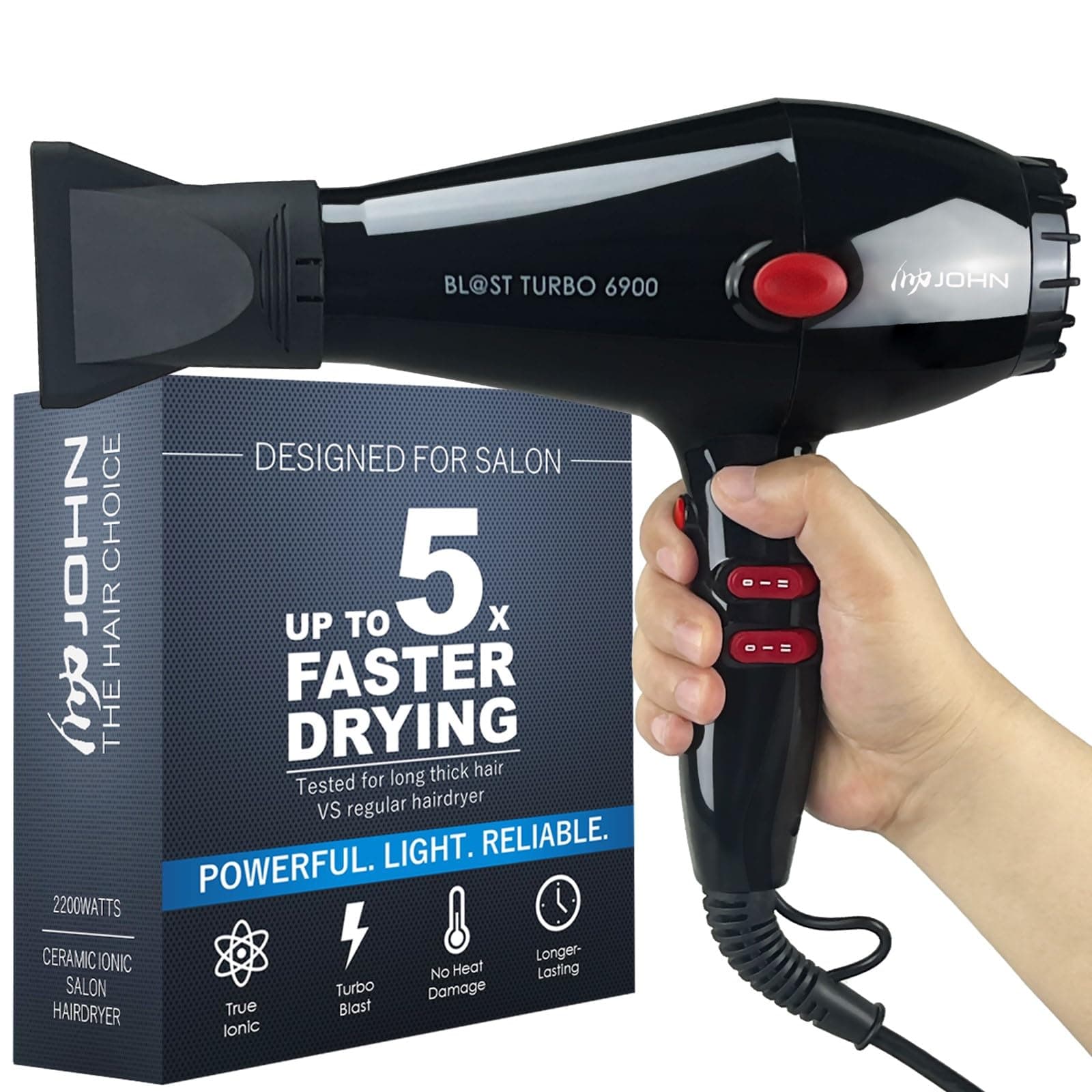 JOHN Ionic 2200W Super Fast Drying Salon Blow Dryer, 2 Nozzles, Blast Turbo 6900