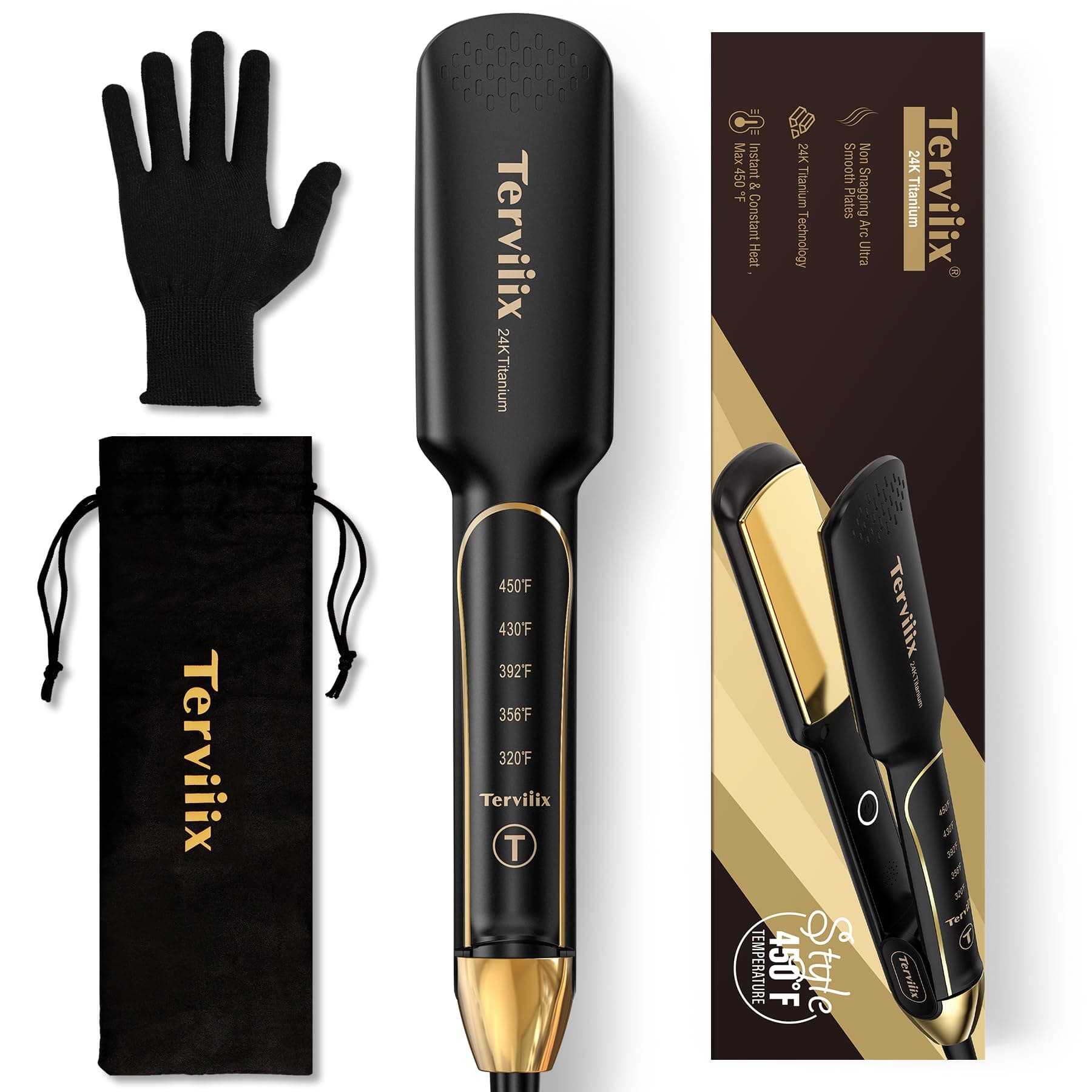 Terviiix Titanium Flat Iron - ARC Non-Snagging, Smooth 1-3/4", Wide Salon-Grade Hair Straightener, Black Hair