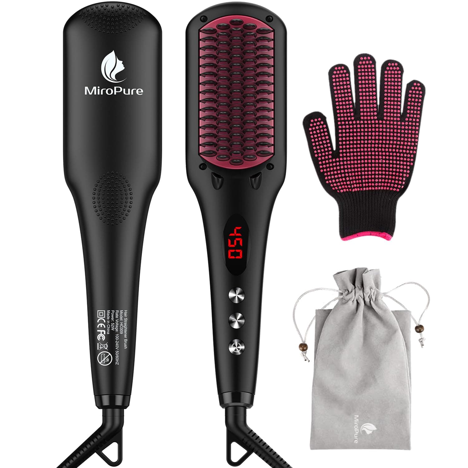MiroPure 2-in-1 Ionic Ceramic Straightener Brush, Anti-Scald, Auto Temperature Lock & Off (Black)
