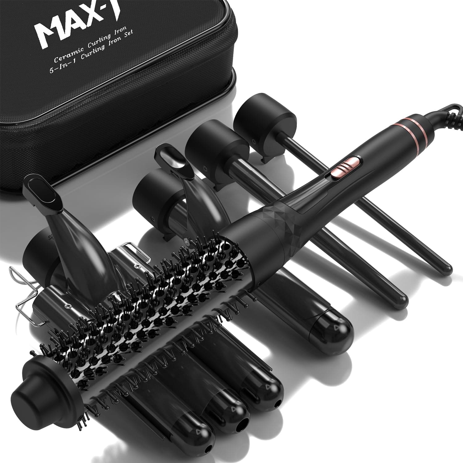 MAX-T 5-in-1 Curling Iron Set with Dual Voltage Wand & Travel Bag