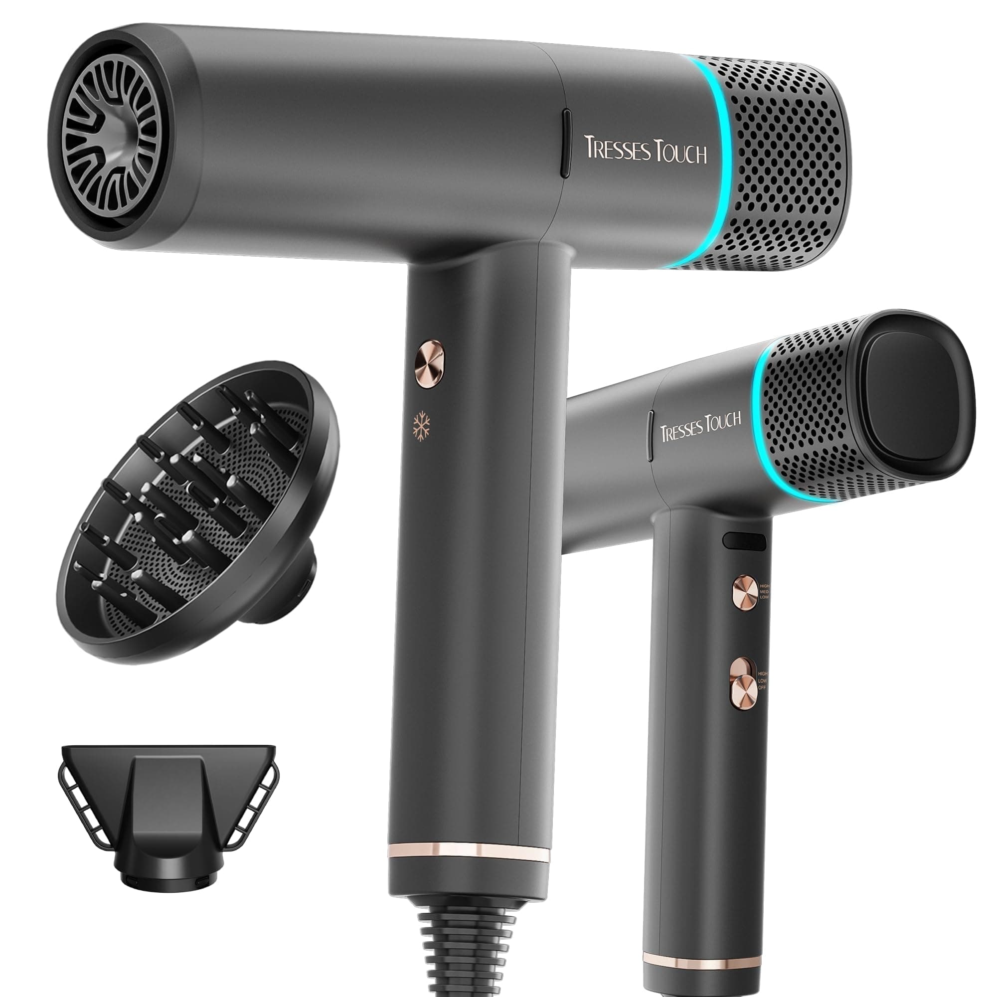 Professional 150K RPM Hair Dryer with Diffuser, 3 Temps/2 Speeds & Negative Ionic, Black
