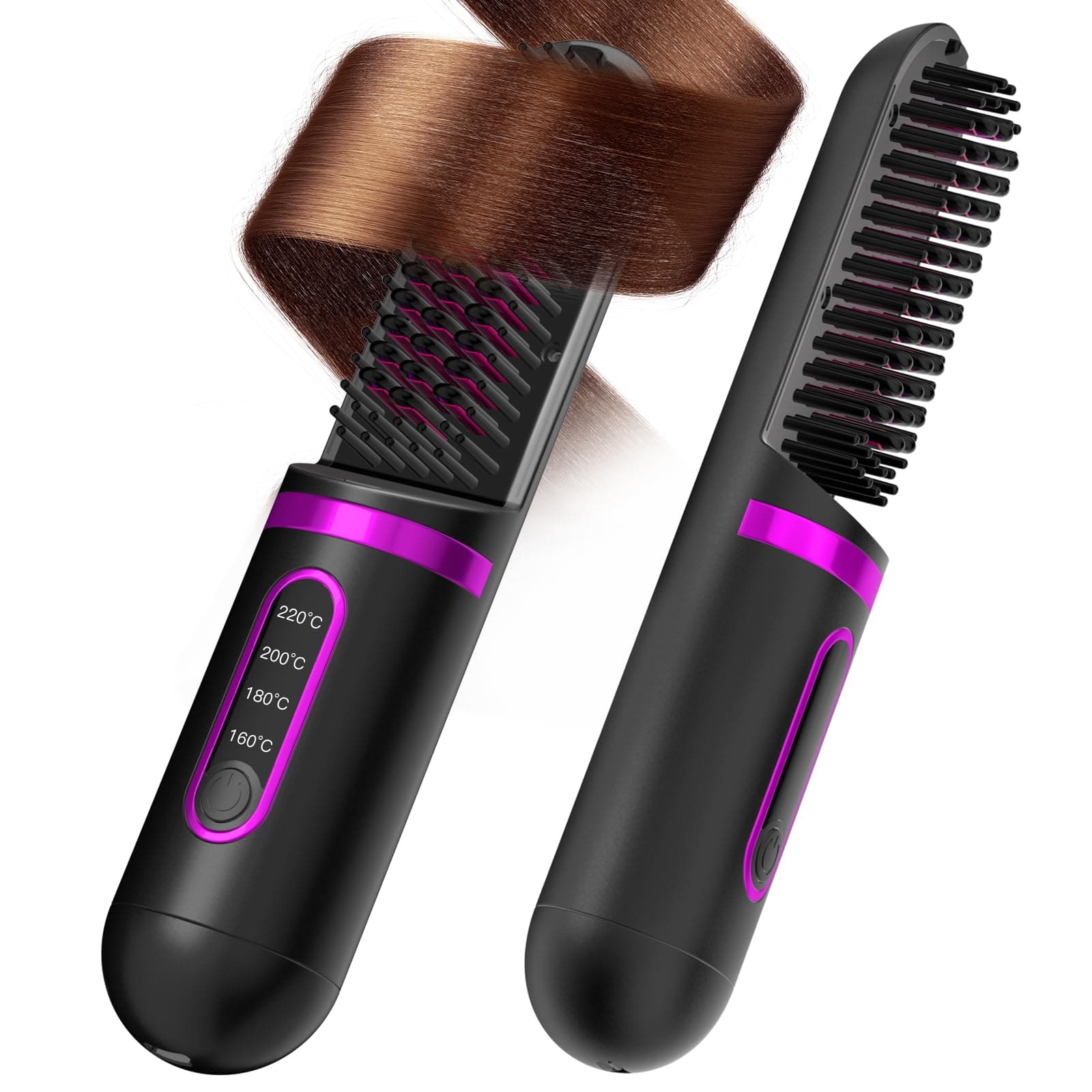 Black Portable Cordless Straightening Brush with LCD Display & Clips