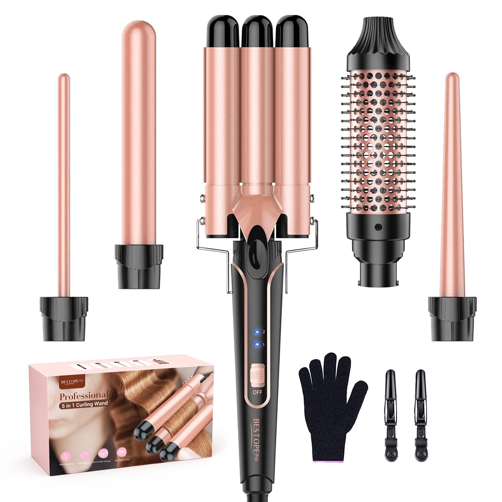 BESTOPE Pro 5-in-1 Curling Iron Set with Thermal Brush & 4 Ceramic Coils