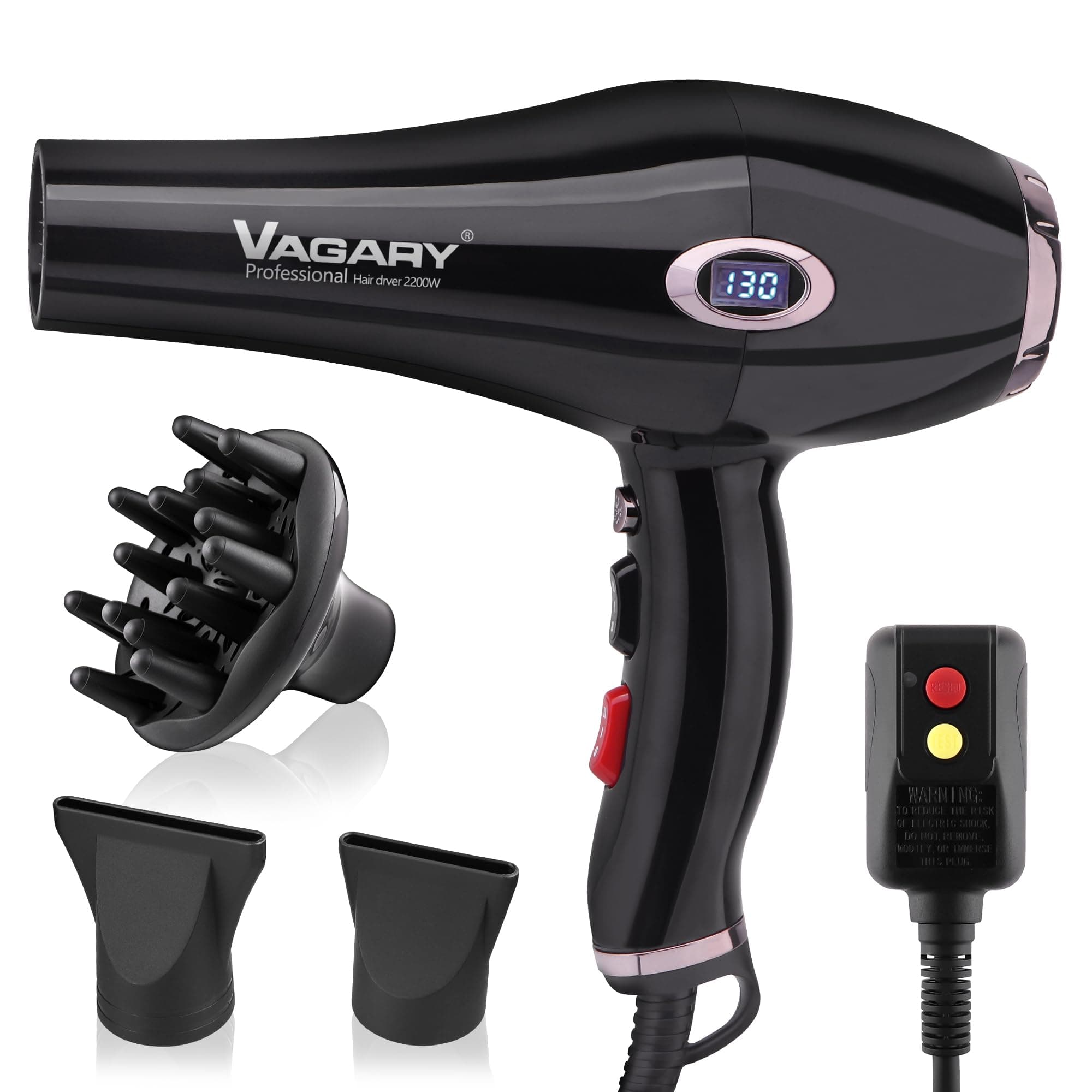 VAGARY Professional 2200W Blower Dryer with Diffuser Nozzles & Cool Shot Button