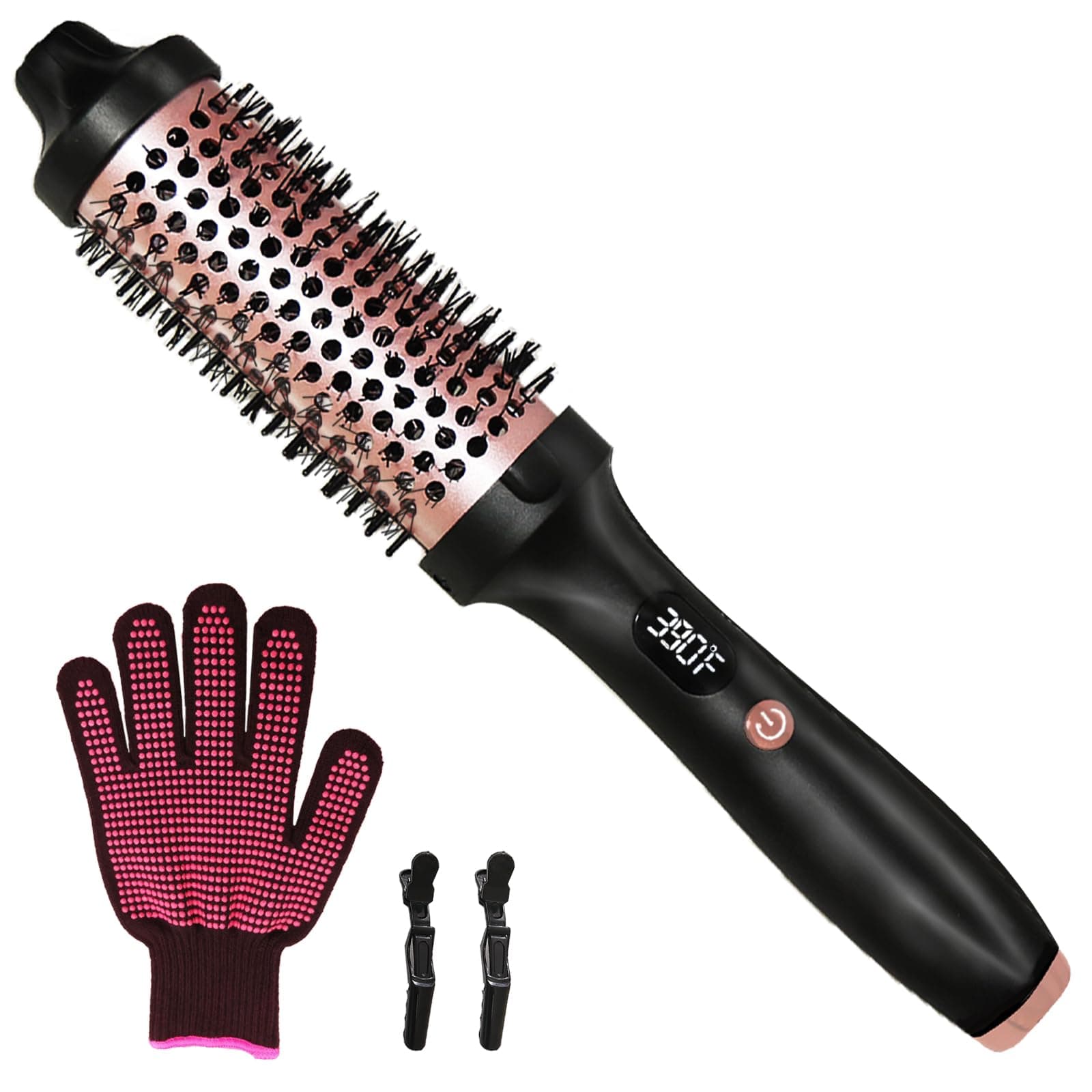 FOTN Rose Gold 1.5 Inch Ceramic Thermal Curling Brush, 5 Temp Settings, Negative Ion Tech