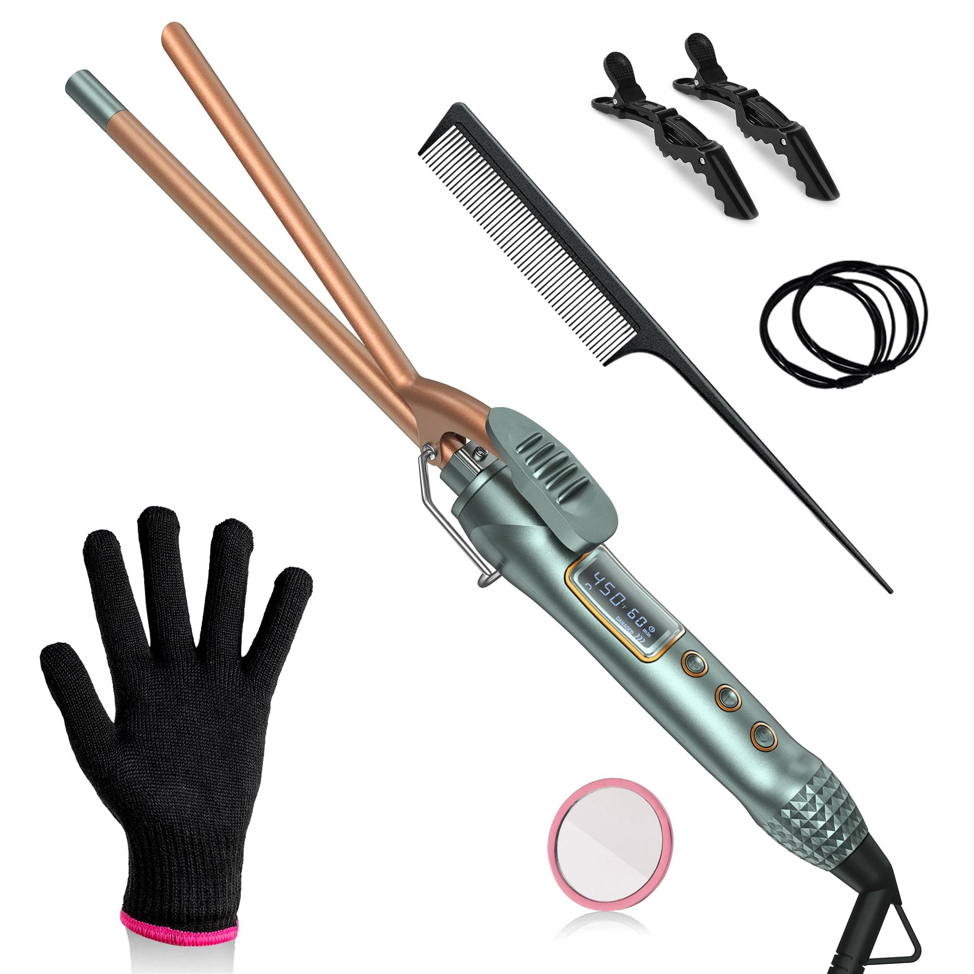 9mm Ceramic Curling Iron for Medium & Long Hair with Adjustable Temp & Heat Glove