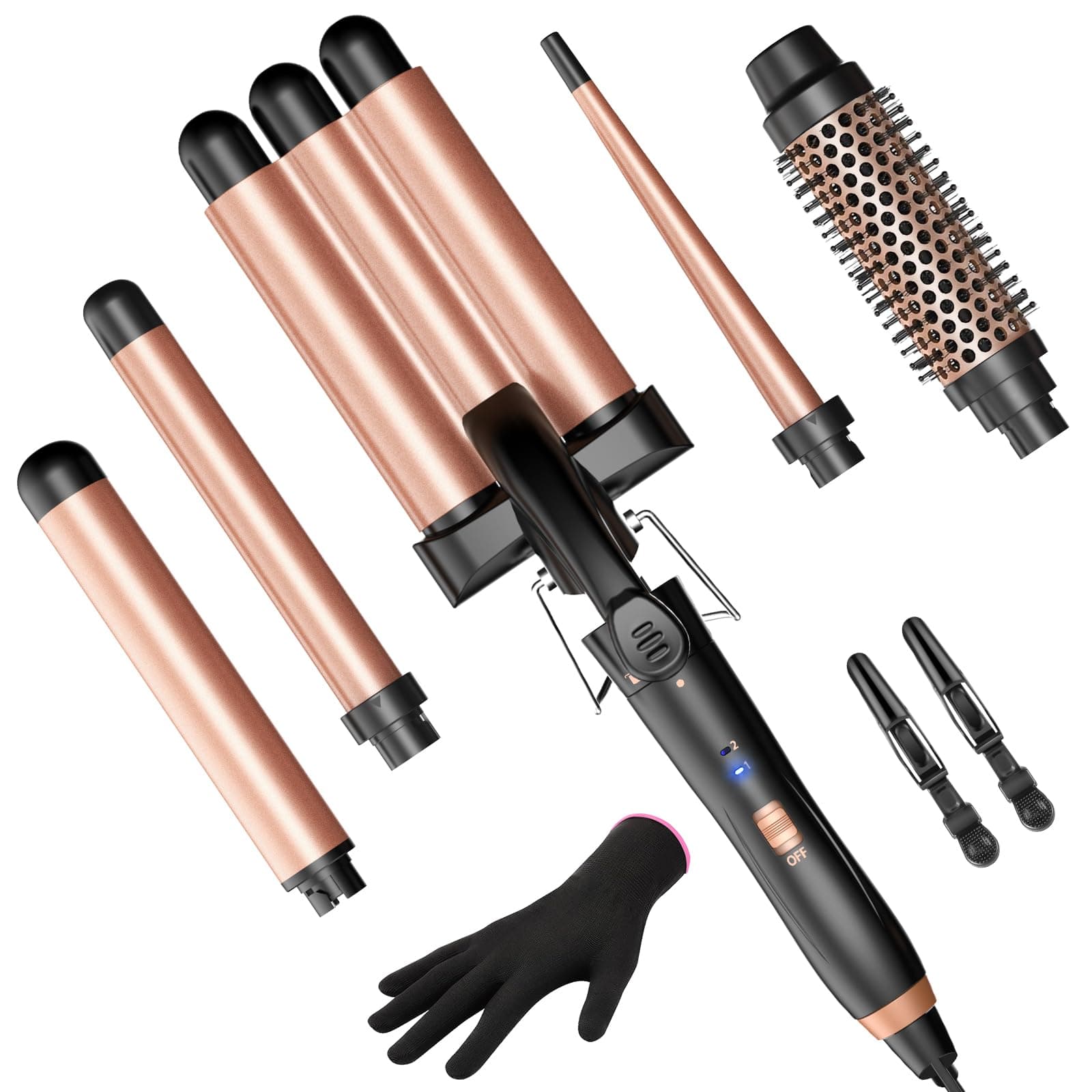 5-in-1 Curling Iron Set with Thermal Brush & 3 Barrel Irons (0.35" - 1.25")