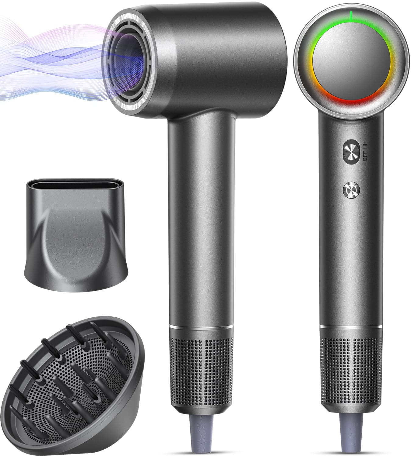 Professional 160k RPM Negative Ionic Hair Dryer, Fast & Quiet with Magnetic Diffuser, Gray