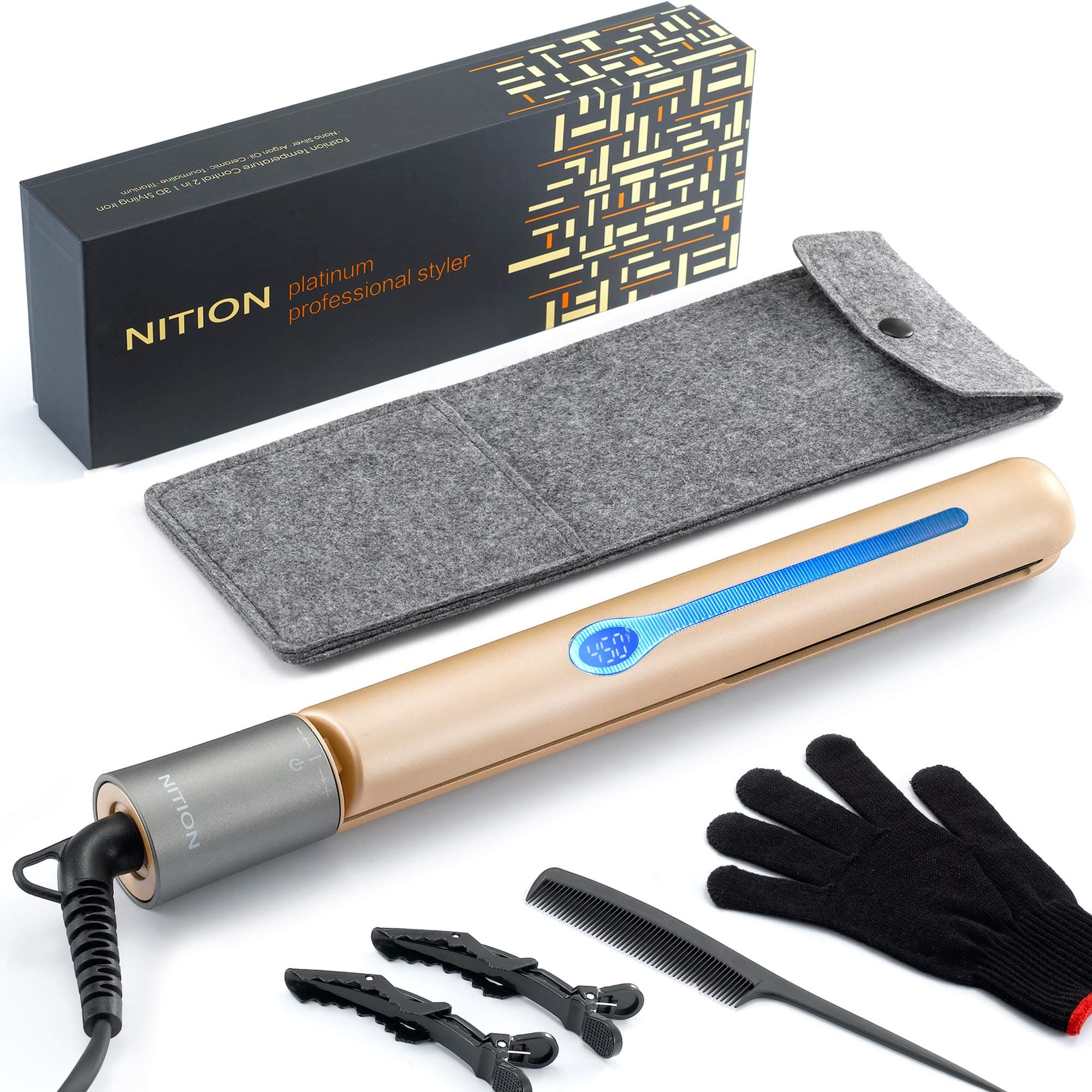 NITION Ceramic Tourmaline Hair Straighteners - Fast Heating, Adjustable 265-450°F, 1" Smooth Plate Styling Tools