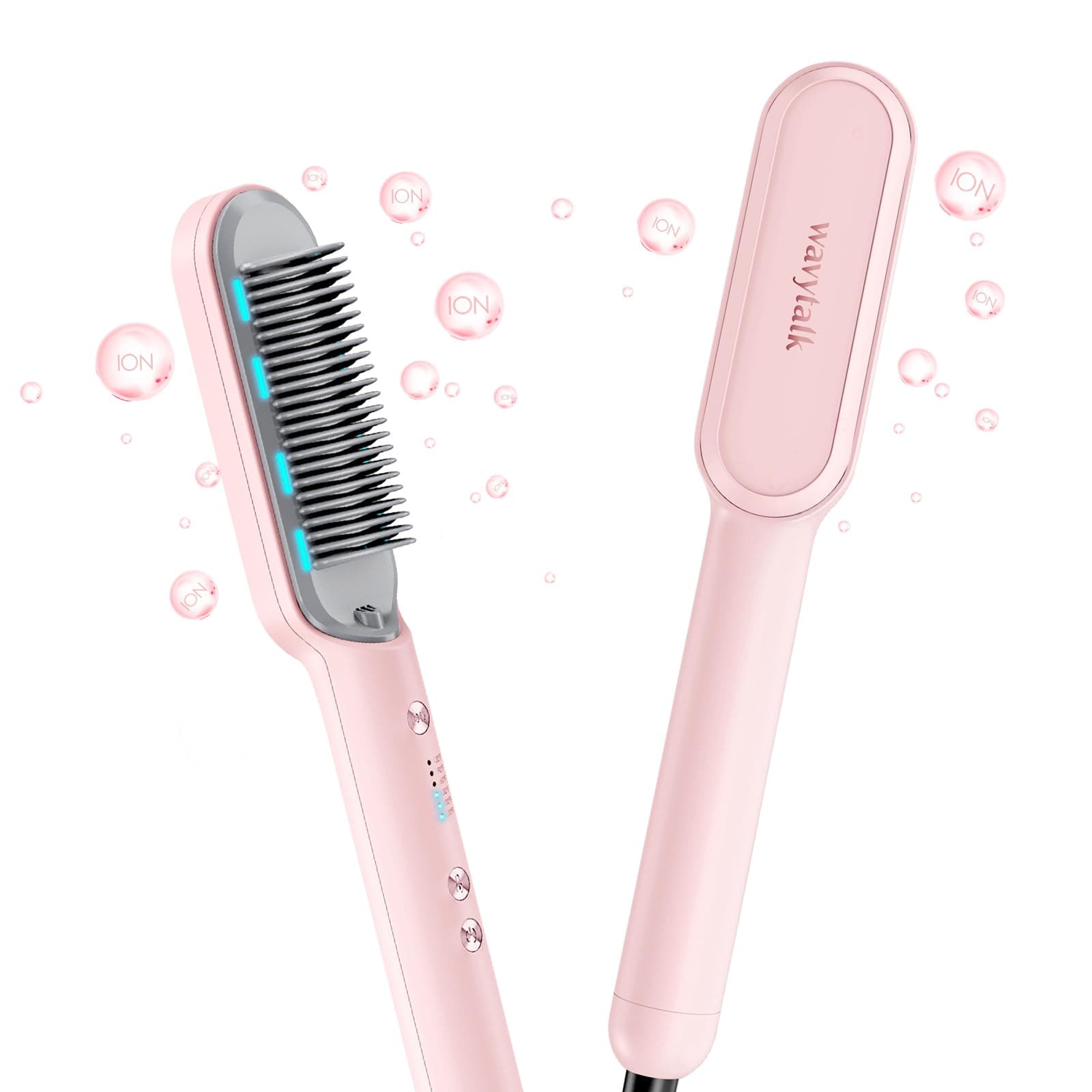 Wavytalk Sleek Ionic Straightening Brush, 6 Temp Adjust, Anti-Scald Ceramic, Fast Heat, Dual Voltage, Pink