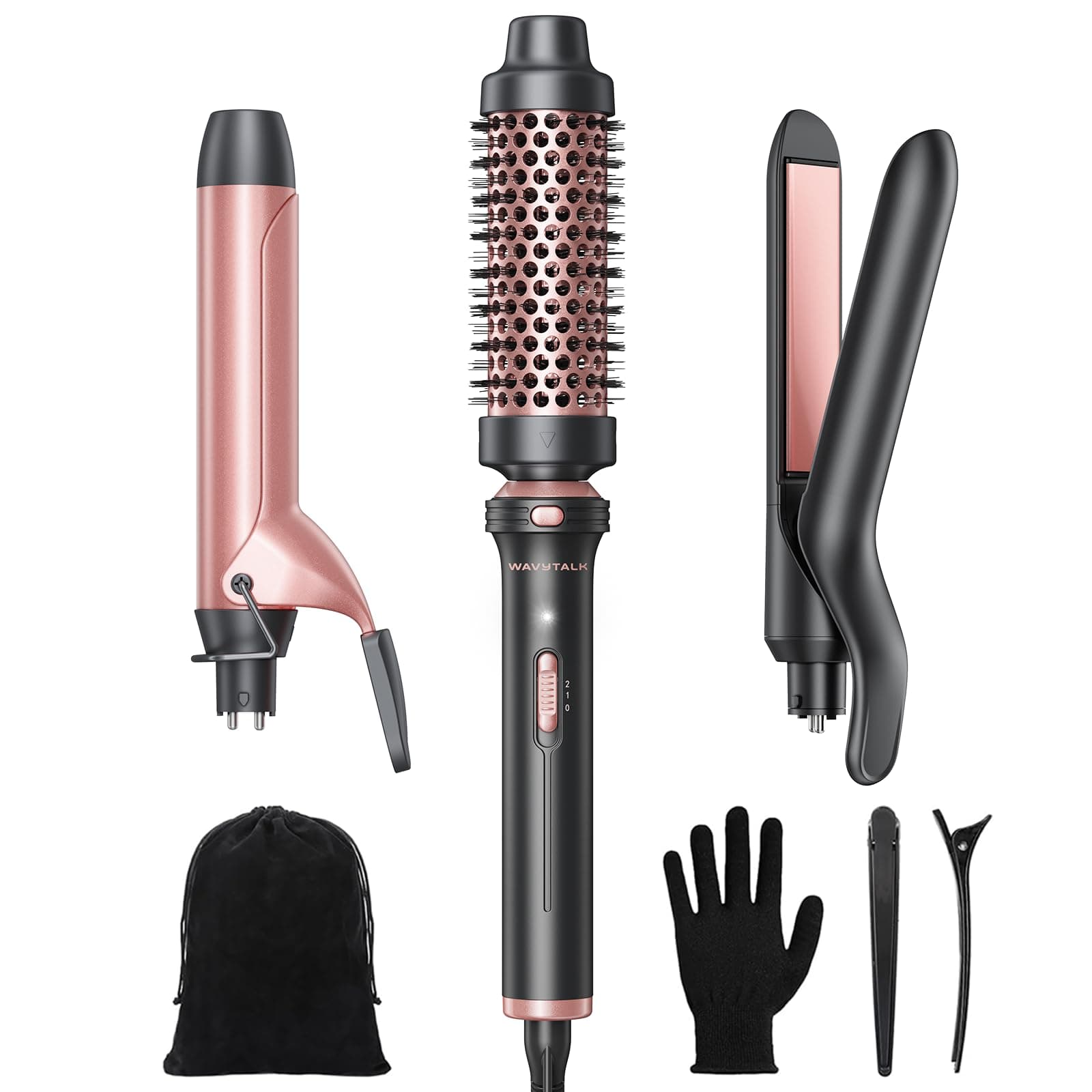 WavyTalk 3-in-1 Curling Wand Set: Multi-Curl, Flat Iron & Heated Brush, 1.25" Barrel