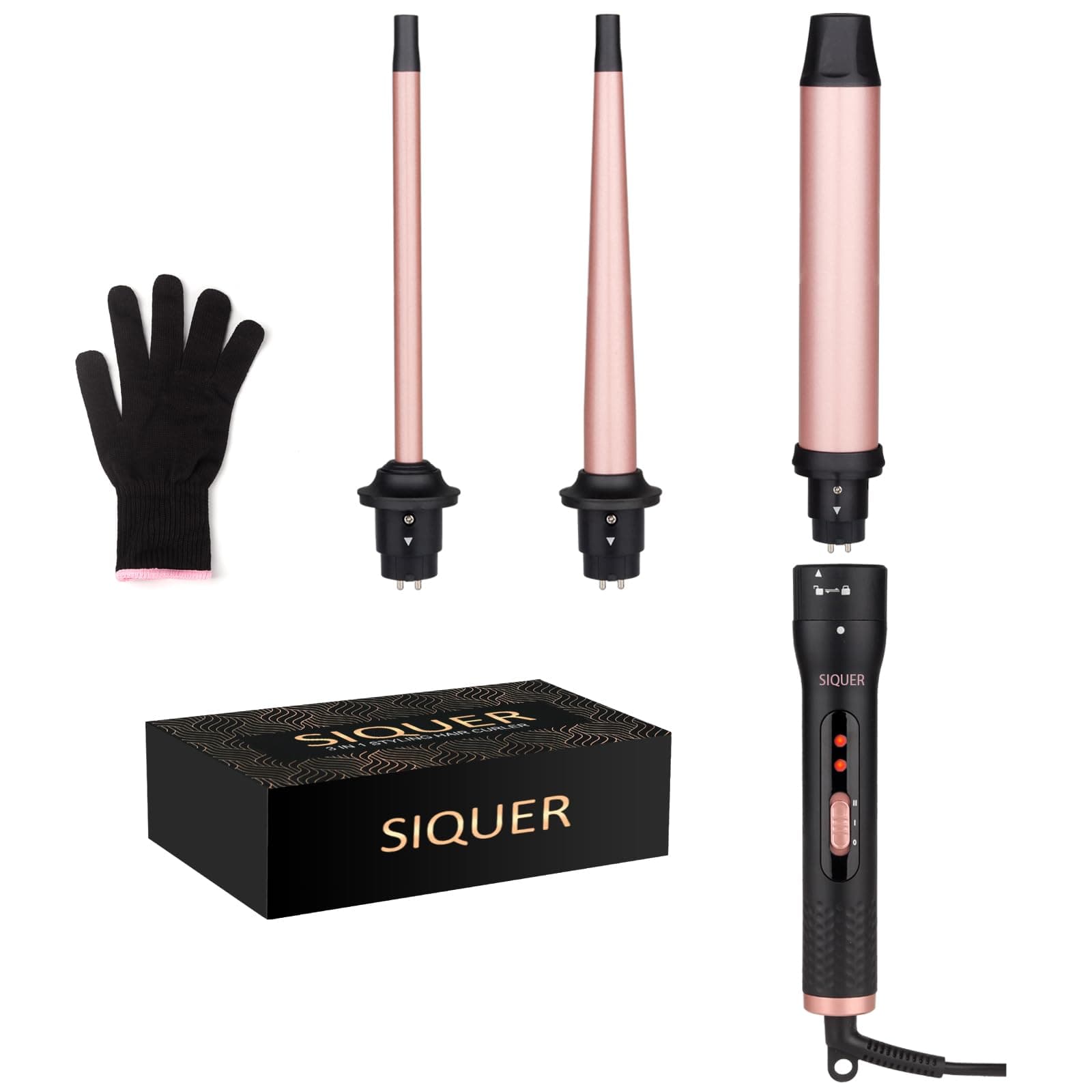 SIQUER 3-in-1 Curling Wand Set - 3 Interchangeable Beach Waves for Women (Rose, Black)
