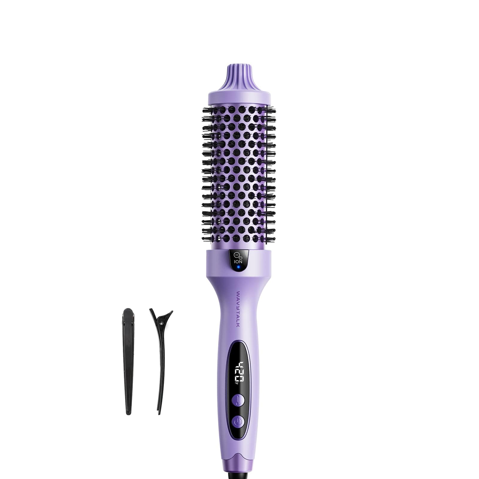 WavyTalk 1.5 Inch Blowout Brush, Negative Ion, Ceramic Tourmaline, 5 Temp Settings, Dual Voltage, Purple