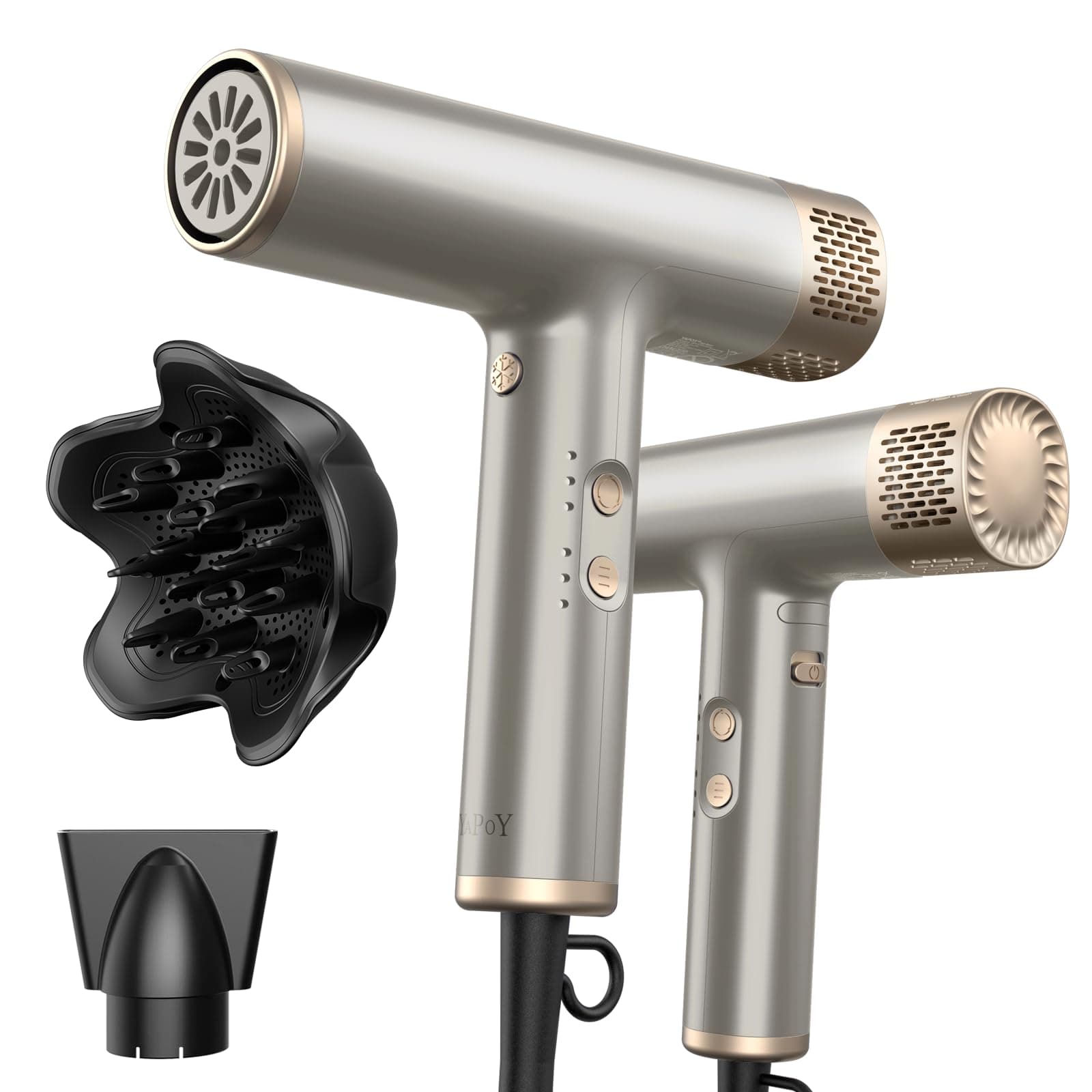 YAPOY Professional Ionic Hair Dryer with Diffuser Fast Drying Low Heat Damage Thermo-Control Silver