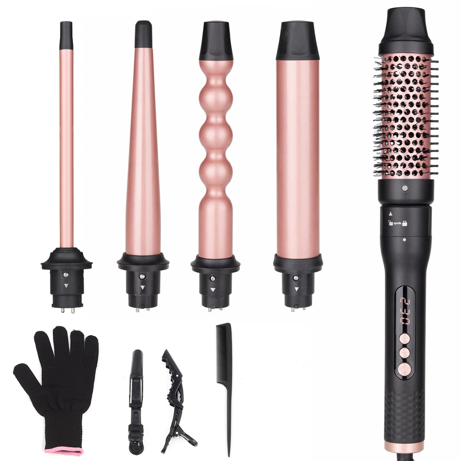 5-in-1 Curling Iron Set with Thermal Brush & 4 Ceramic Wand Sizes 0.5"-1.25", Fast Heating, Dual Voltage, Includes Glove