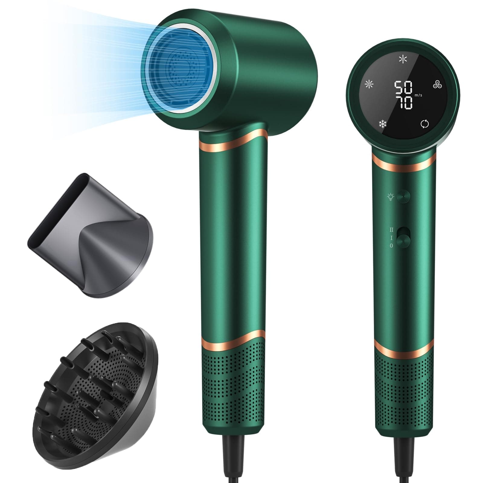 High-Speed Brushless 110000 RPM Negative Ionic Hair Dryer - Fast, Quiet, 3 Heat Speeds, Cold Air, Green