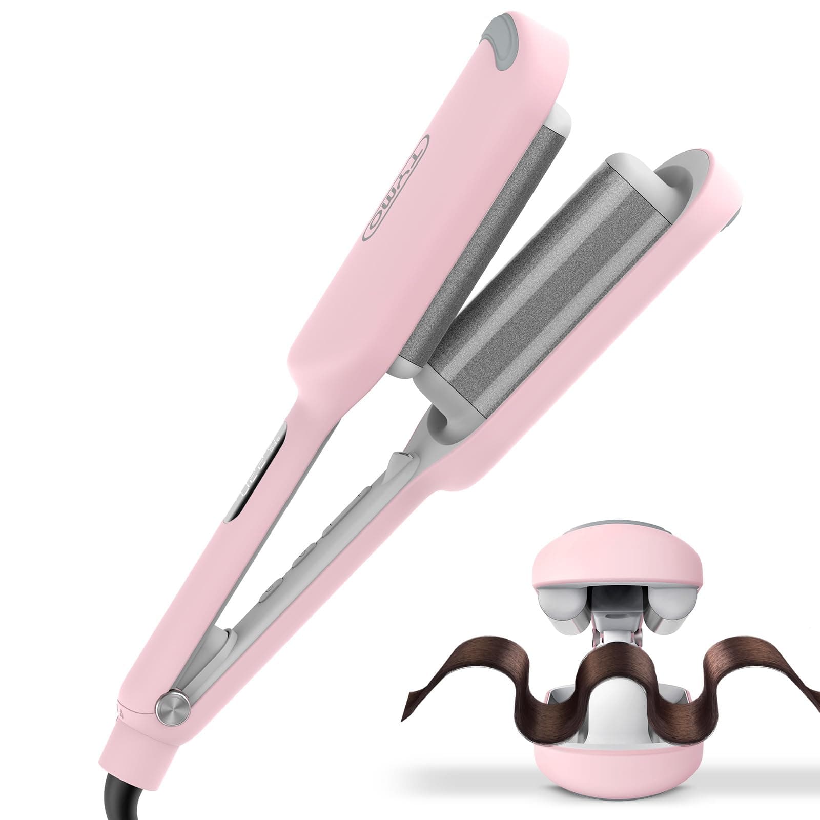 TYMO ROVY 1.25 Inch Ceramic Curling Wand - Ionic Deep Waver for Beach Waves, Pink, 3 Barrel, Dual Voltage, Anti-Scald