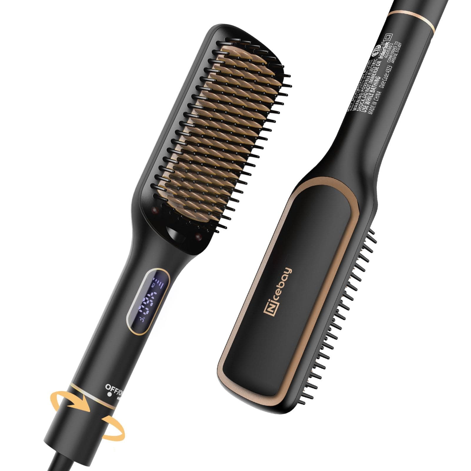 Nicebay Rotatable Hair Straightener Brush, 6 Temp Settings, LED Display, Auto-Off, Black & Gold