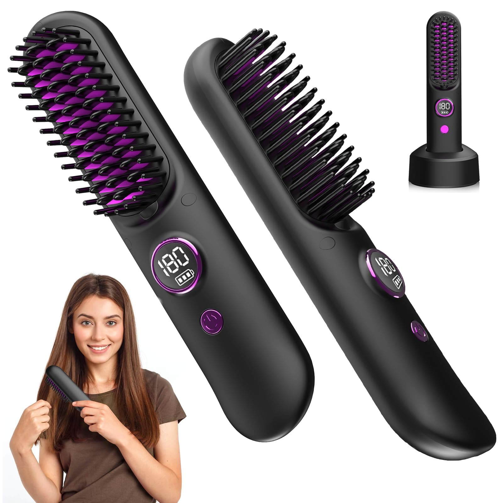 Biupky Cordless Hair Straightener Brush with 50M Negative Ions & LED Display