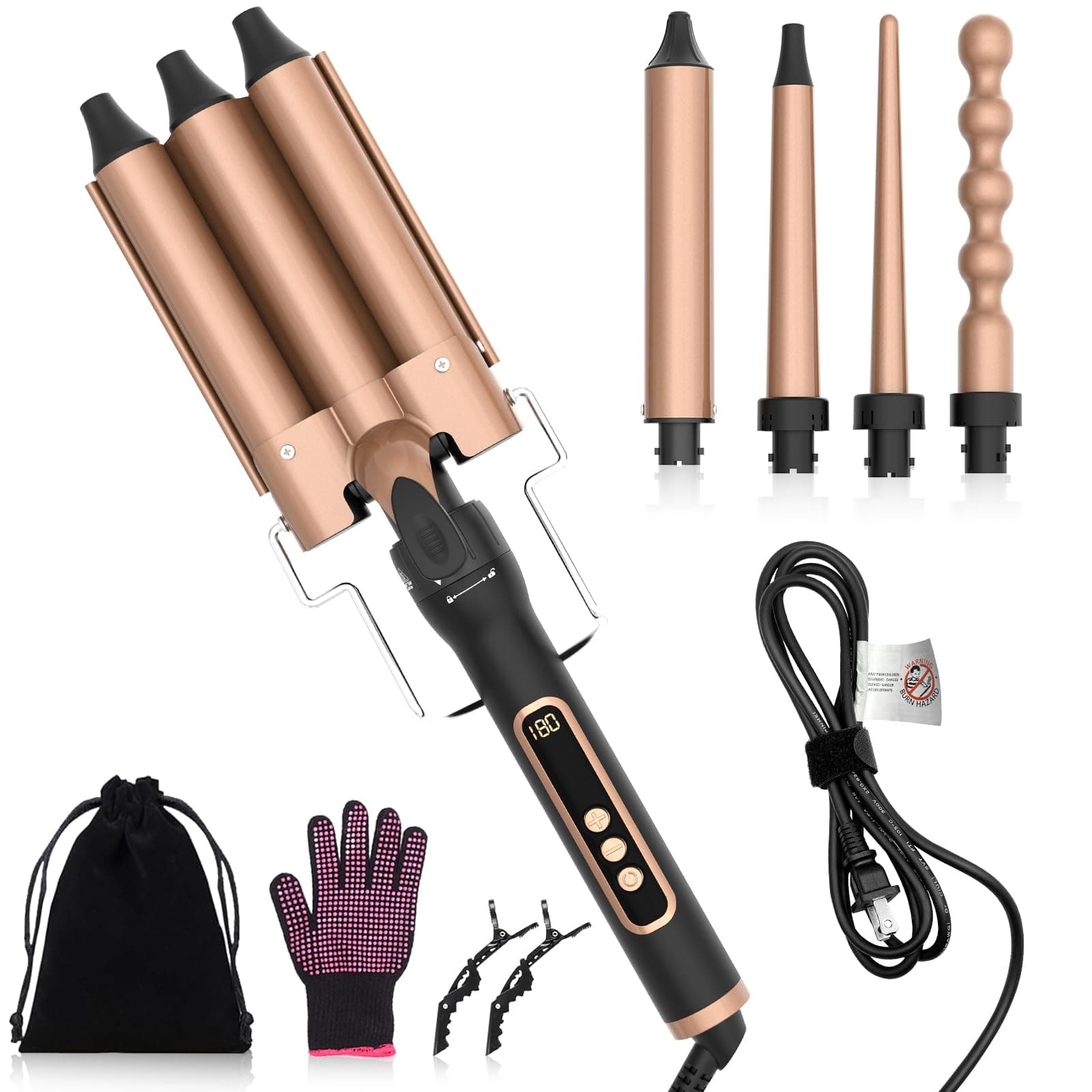 5-in-1 Curling Iron Set for Long Hair with 4 Barrels, Heat Protector Glove & Clips