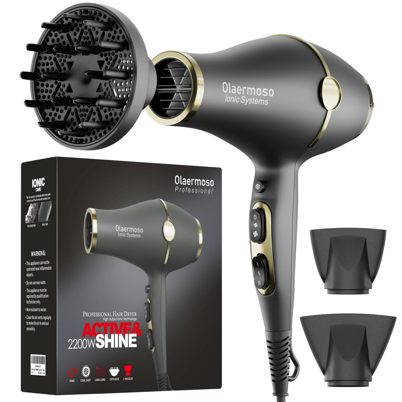 Professional Ionic Hair Blow Dryer, 2200W Quick Dry with Diffuser & 2 Nozzles