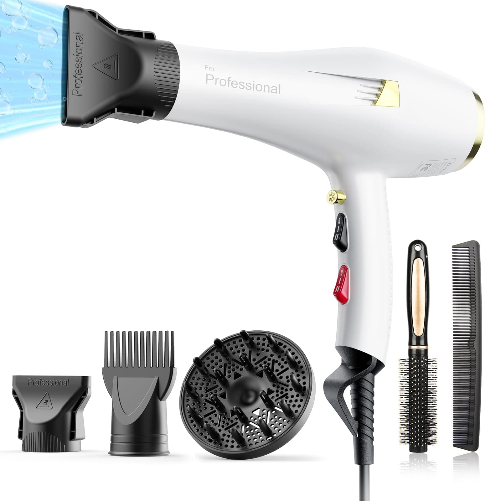 Professional Ionic Hair Dryer with Diffuser, Comb, Nozzle, Concentrator, 2 Speed, 3 Heat Settings, Cool Button, White
