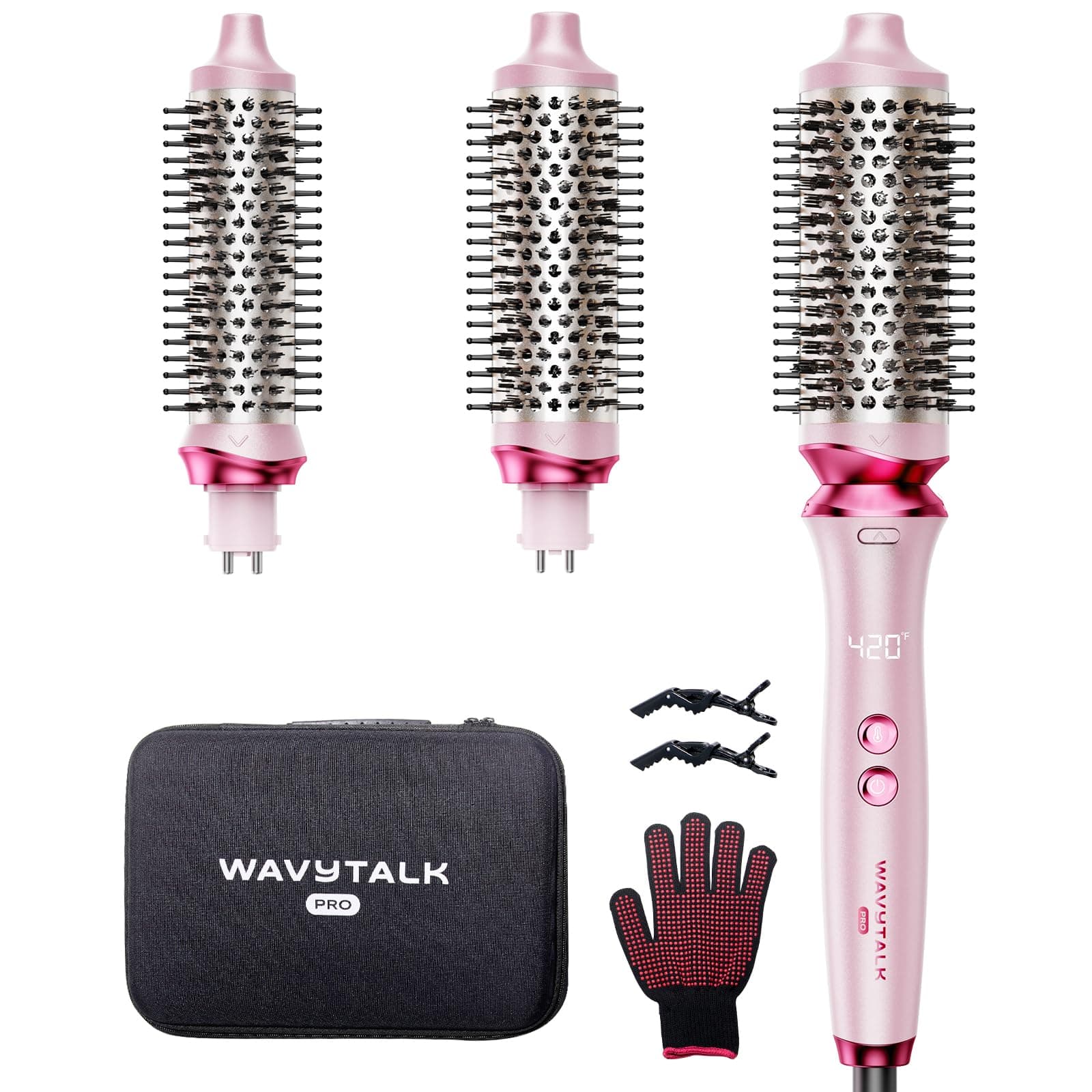 Wavytalk Pro Thermal Brush Set: Dual Voltage Heated Round Brush for Short and Long Hair - Pink