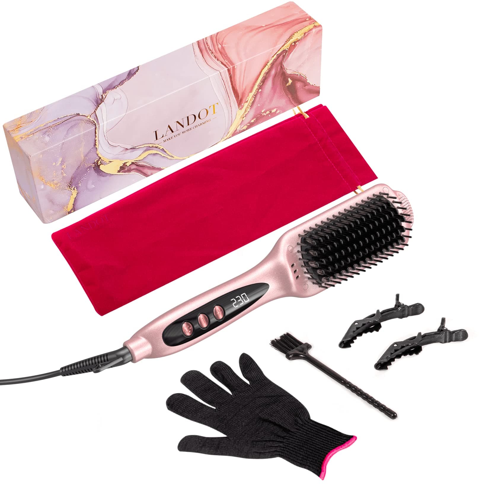 LANDOT Ceramic Straightener Brush: Negative Ion Electric Heater for Smooth & Frizz-Free Hair - Dual Voltage Fast Heating