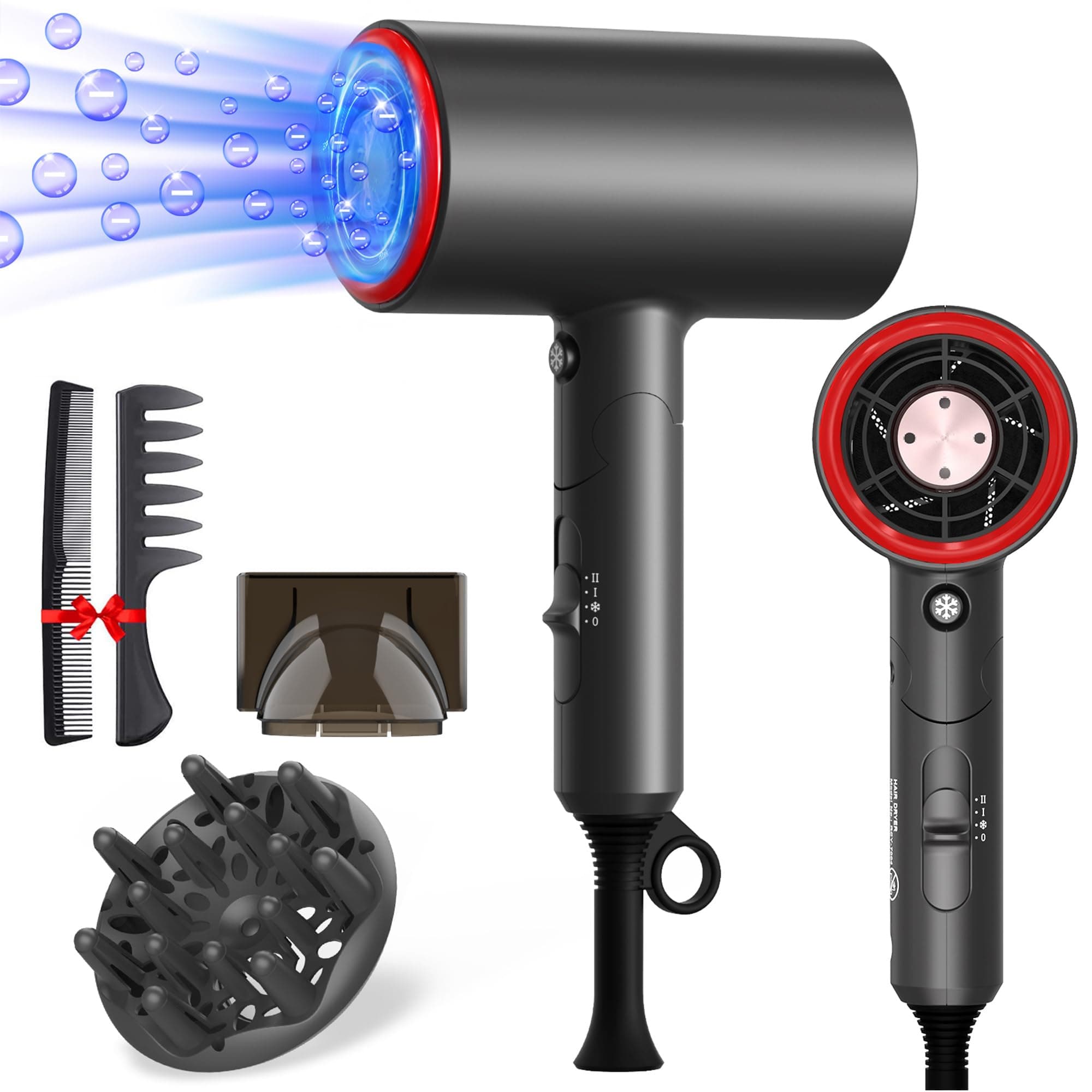 1800W Professional Ion Diffuser Hair Dryer for Fast & Quiet Hair Care Travel (Small & Medium)