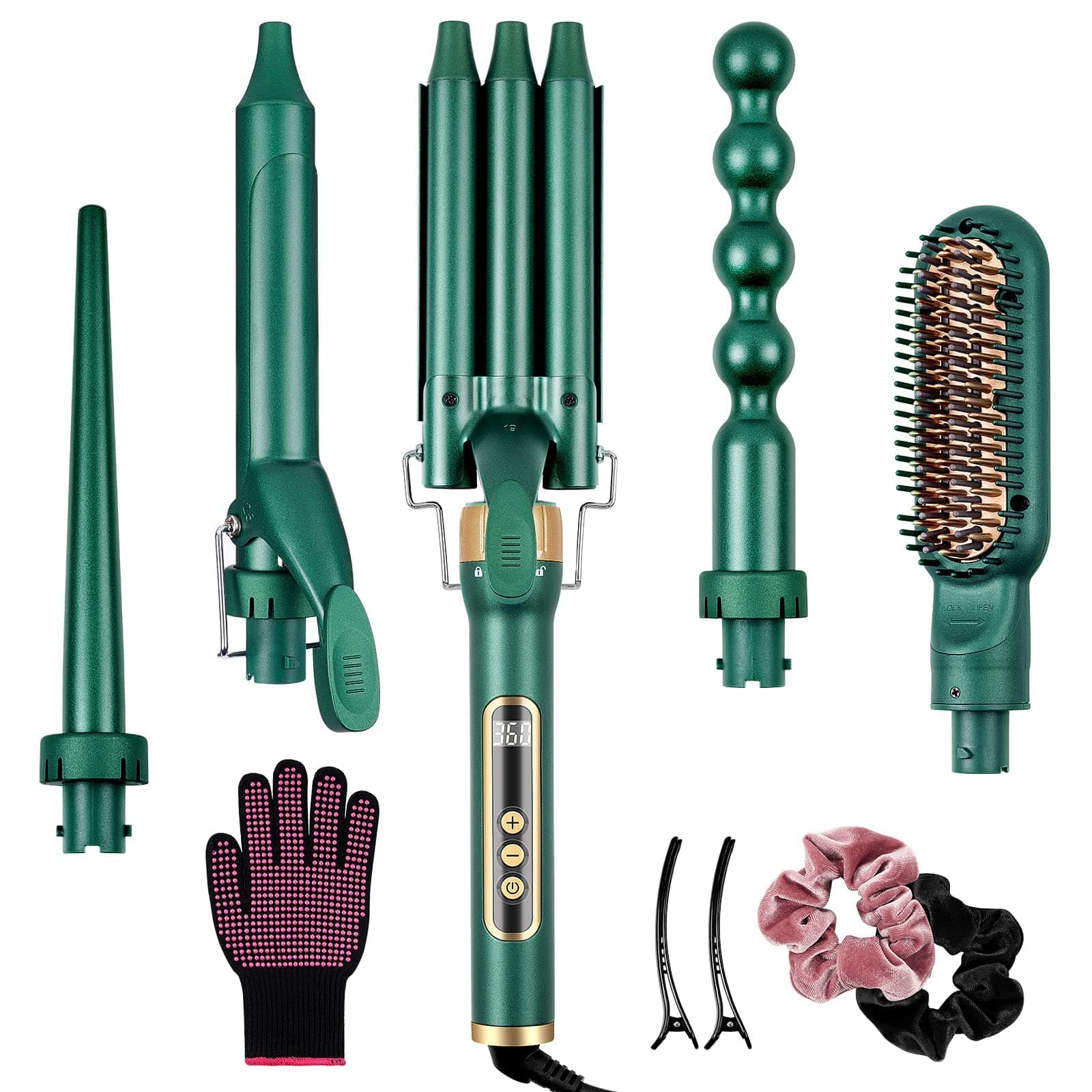 Yinhua 5-in-1 Curling Iron Set with Ceramic Barrels & Brush, 30S Heat Up