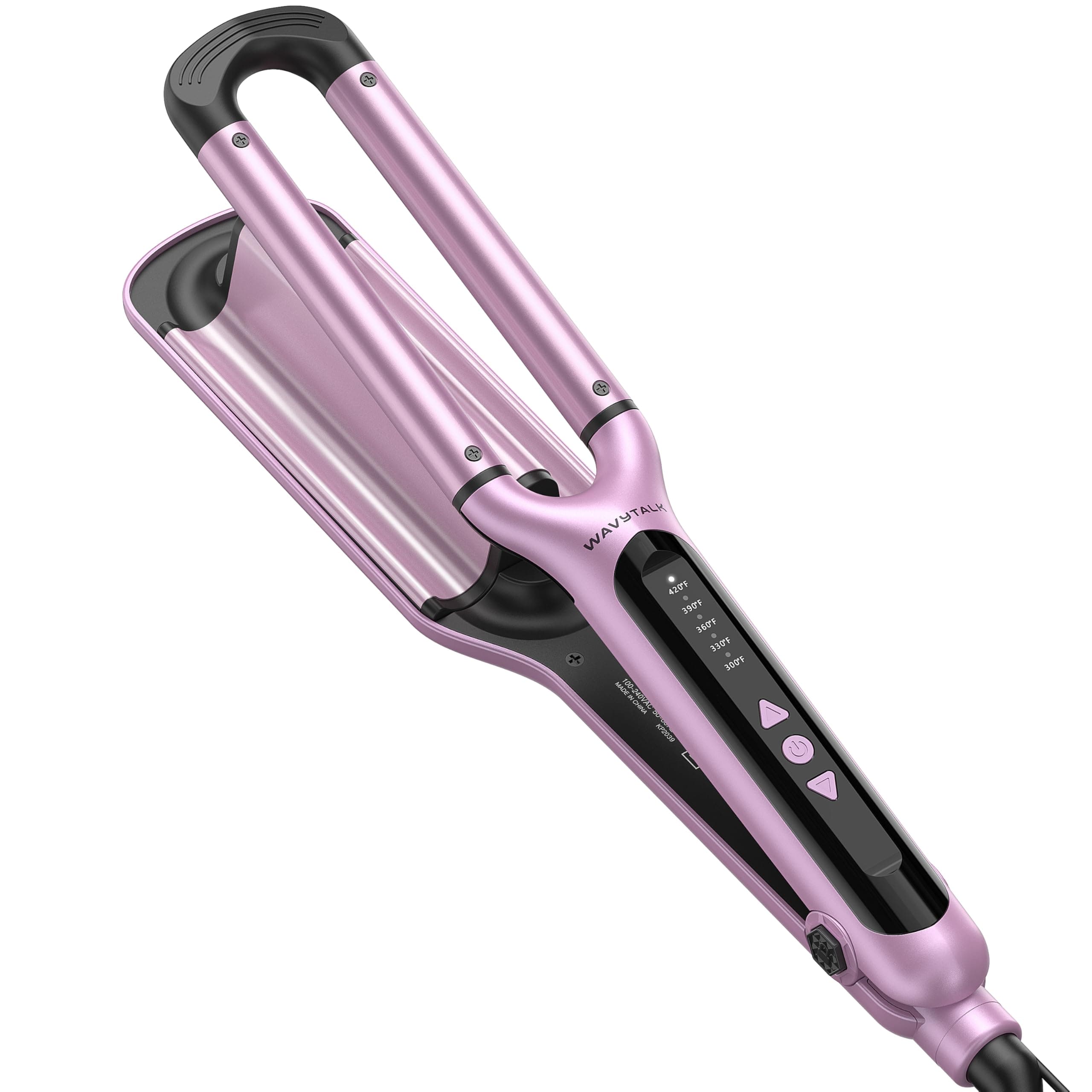 WavyTalk Beachy Waver Curling Iron, 3 Barrel Ceramic Wand, Adjustable Temp, Easy Waves, Dual Voltage, Pink