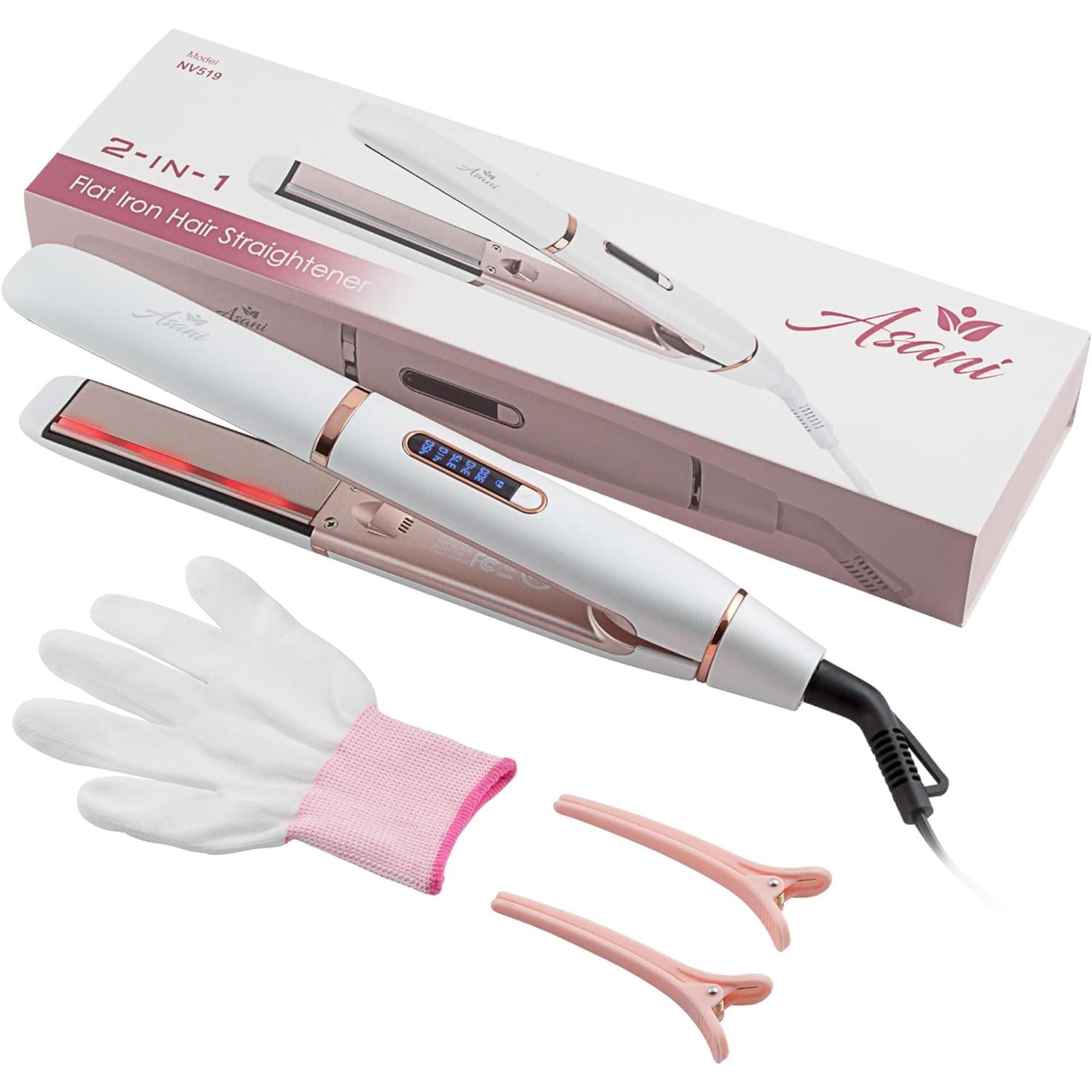 Asani 2-in-1 Straightener & Curler - Negative Ion, Anti-Frizz, 5 Heat Settings - Portable Styling Tool