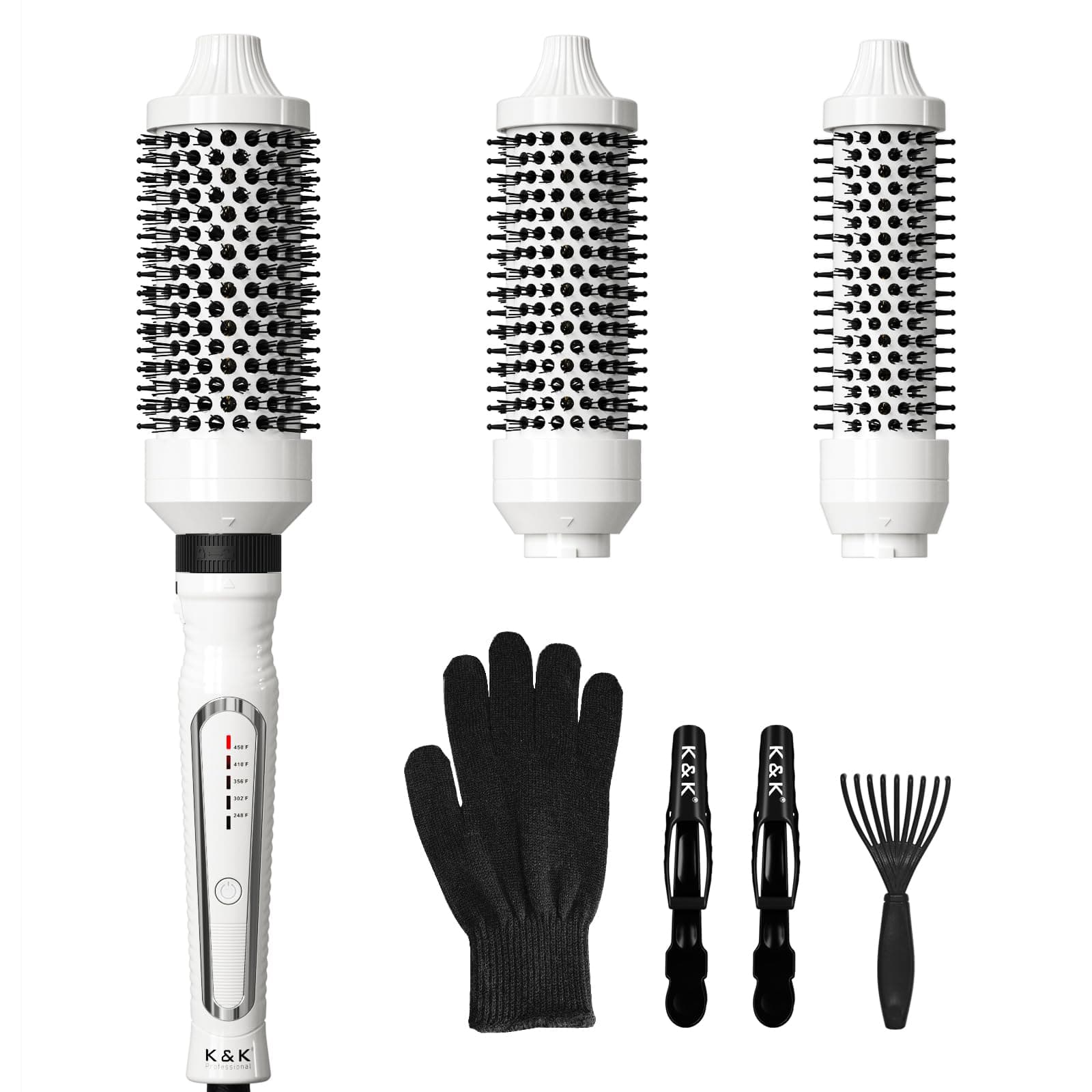 K&K 3-in-1 Thermal Brush Set: Ceramic Hot Brush & Curling Wand for All Hair Types