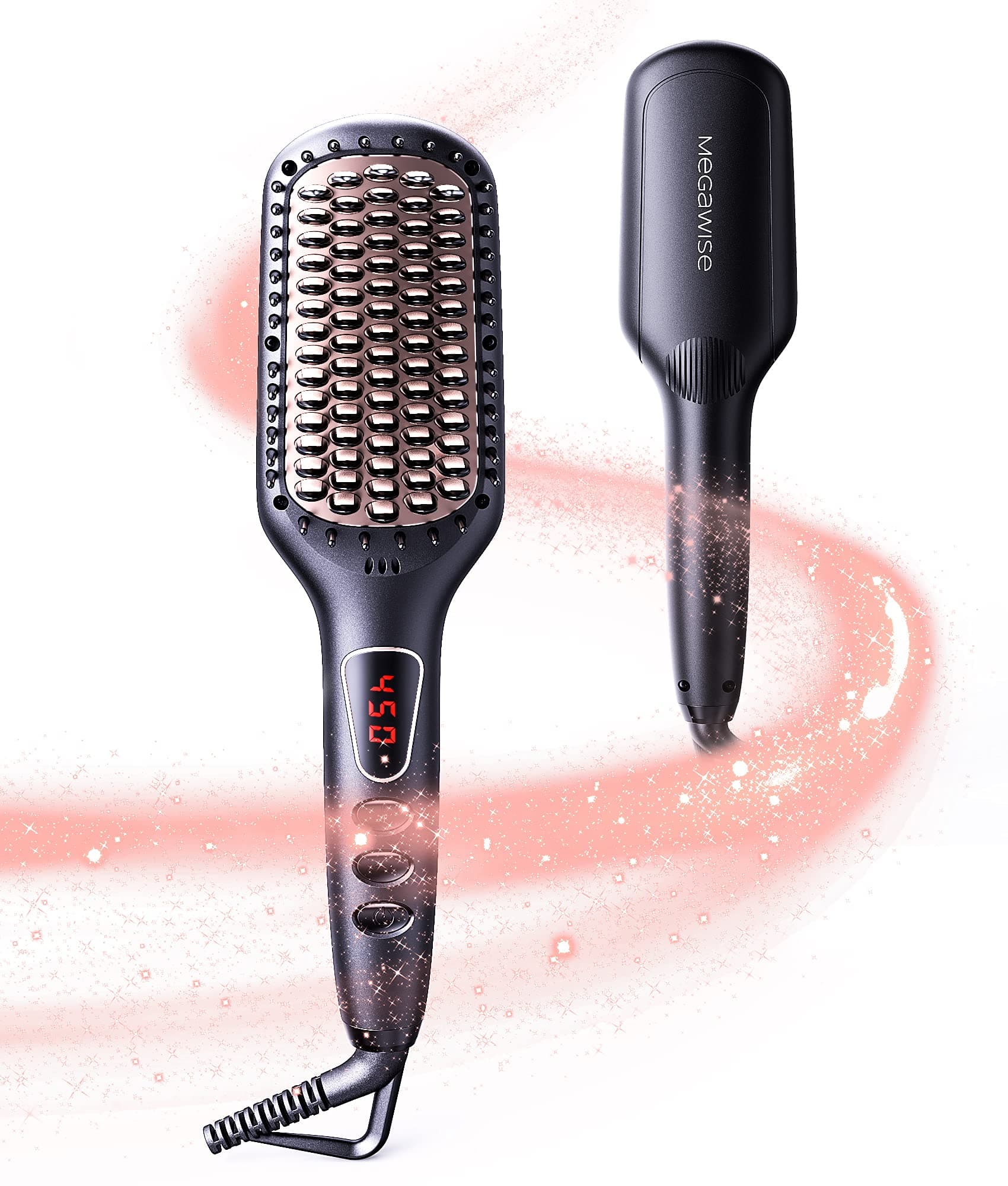 MEGAWISE Pro Ionic Hair Straightener Brush, 20s Heating Tech, Rotatable Cord, Auto-Off, Black