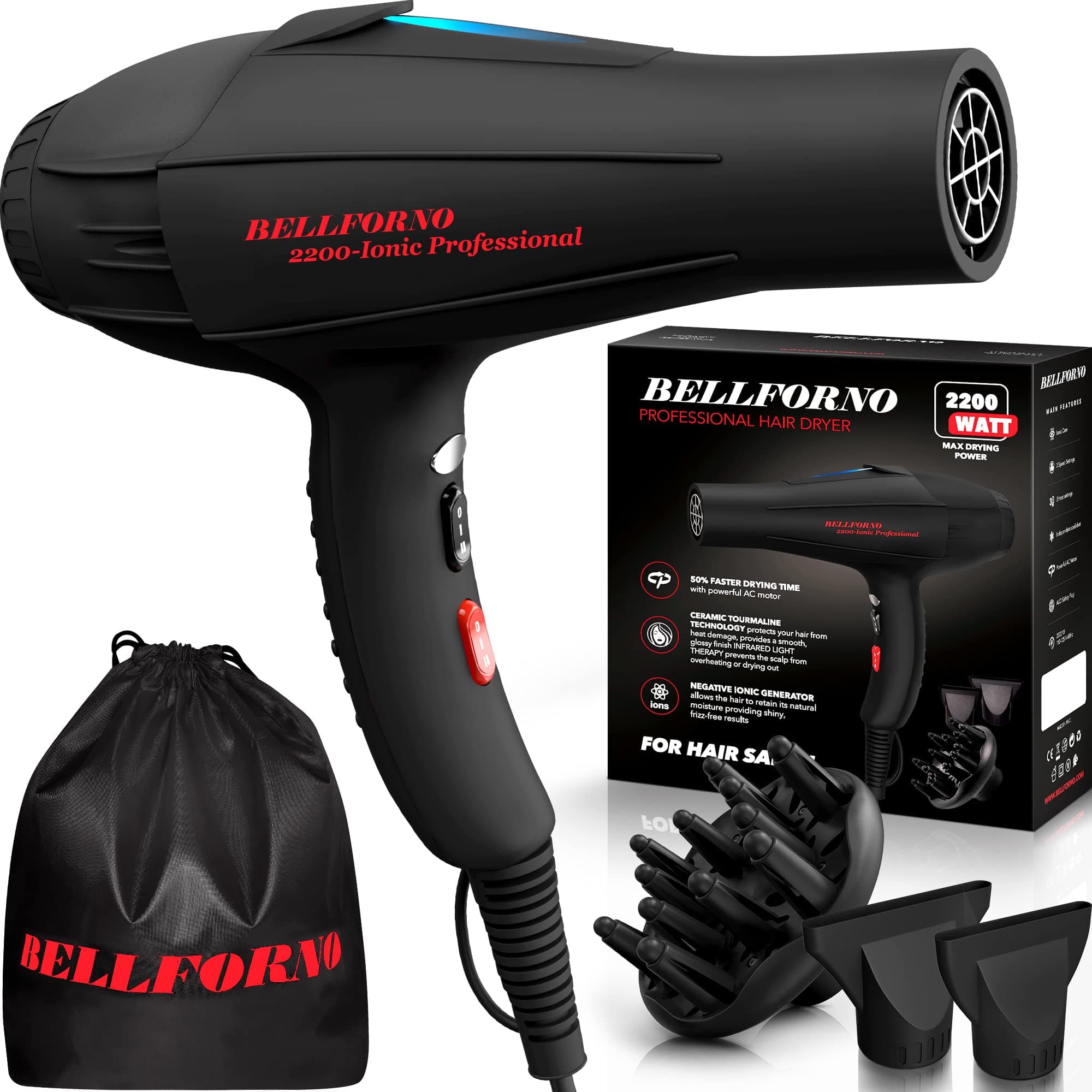 Bellforno 2200W Professional Hair Dryer with Diffuser & Negative Ionic Technology