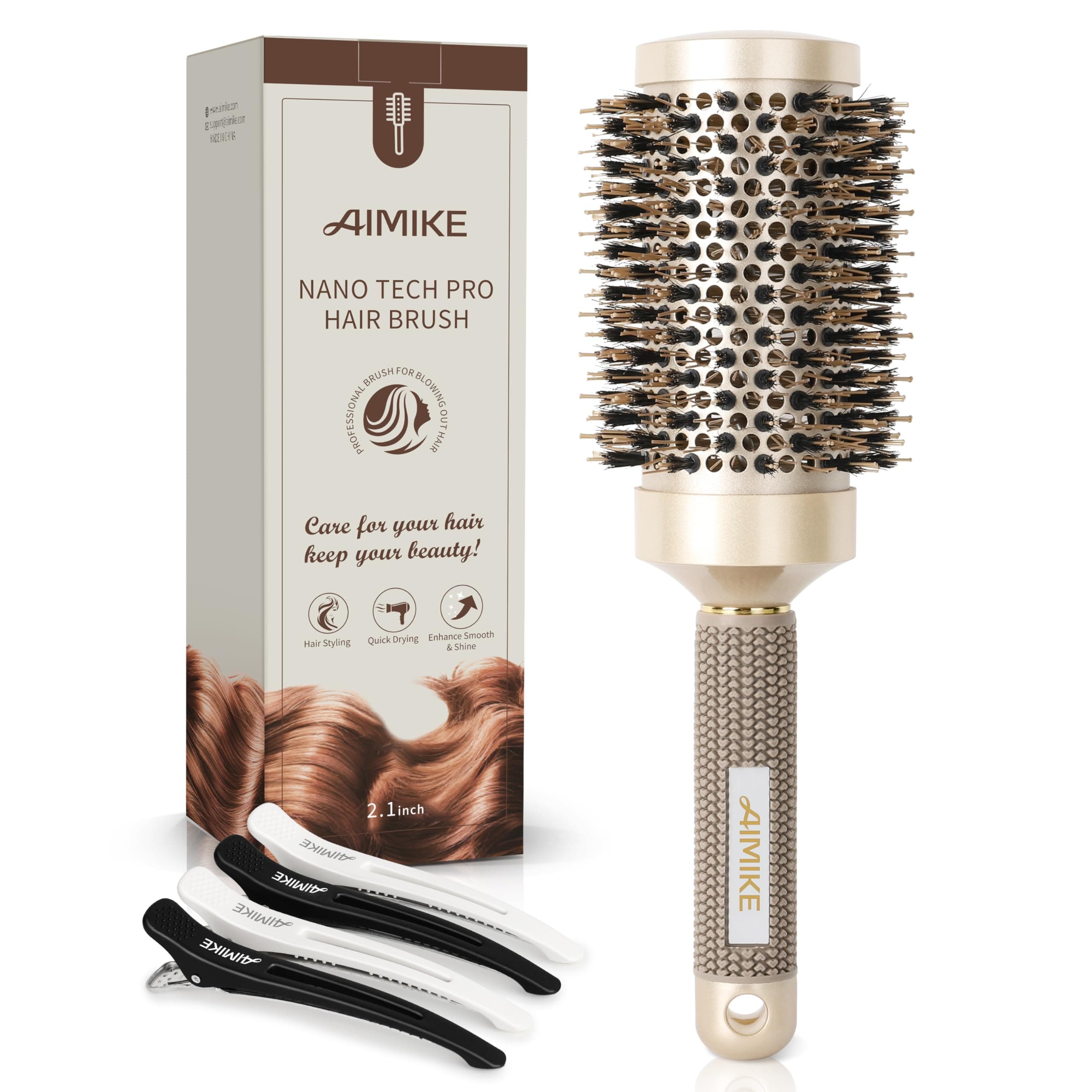 AIMIKE Nano Ceramic Ionic Hair Brush, 2.1 Inch Barrel, Boar Bristles, Hair Drying & Styling + 4 Clips